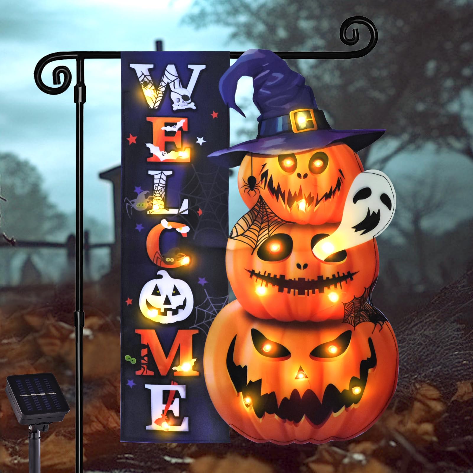 Halloween Lighted Garden Flag for Outside, Led Solar Yard Flag 8 Modes Witch Feet Shape Flag, 12x18 Double Sided Cauldron Eyeball Black Cat Decorations for Home Porch