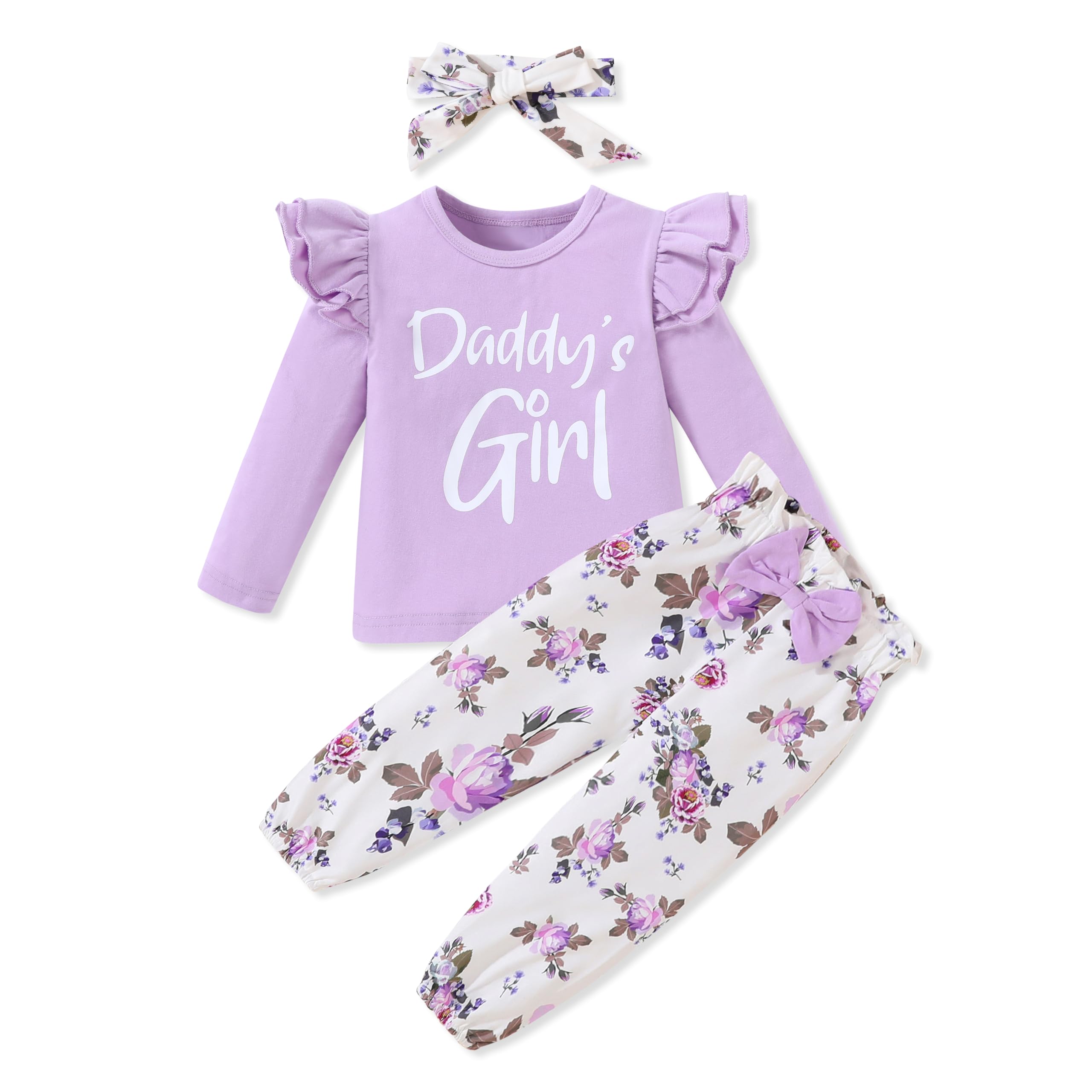 SANMIO Toddler Girl Clothes Outfits Cute Ruffle Sleeve Shirt Floral Pant+Headband 3Pcs Baby Girl Clothing Set 1-6T