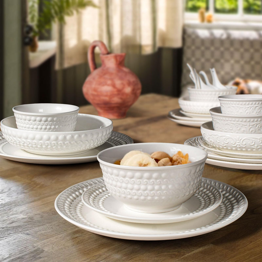 Large Salad Bowls Set of 4, 60oz White Serving Bowls Deep Deep Embossed Ceramic Mixing Bowl for Soup Kitchen, Eating, Ramen, Pasta, Dishwasher & Microwave Safe 8 inch (Multiple Patterns)