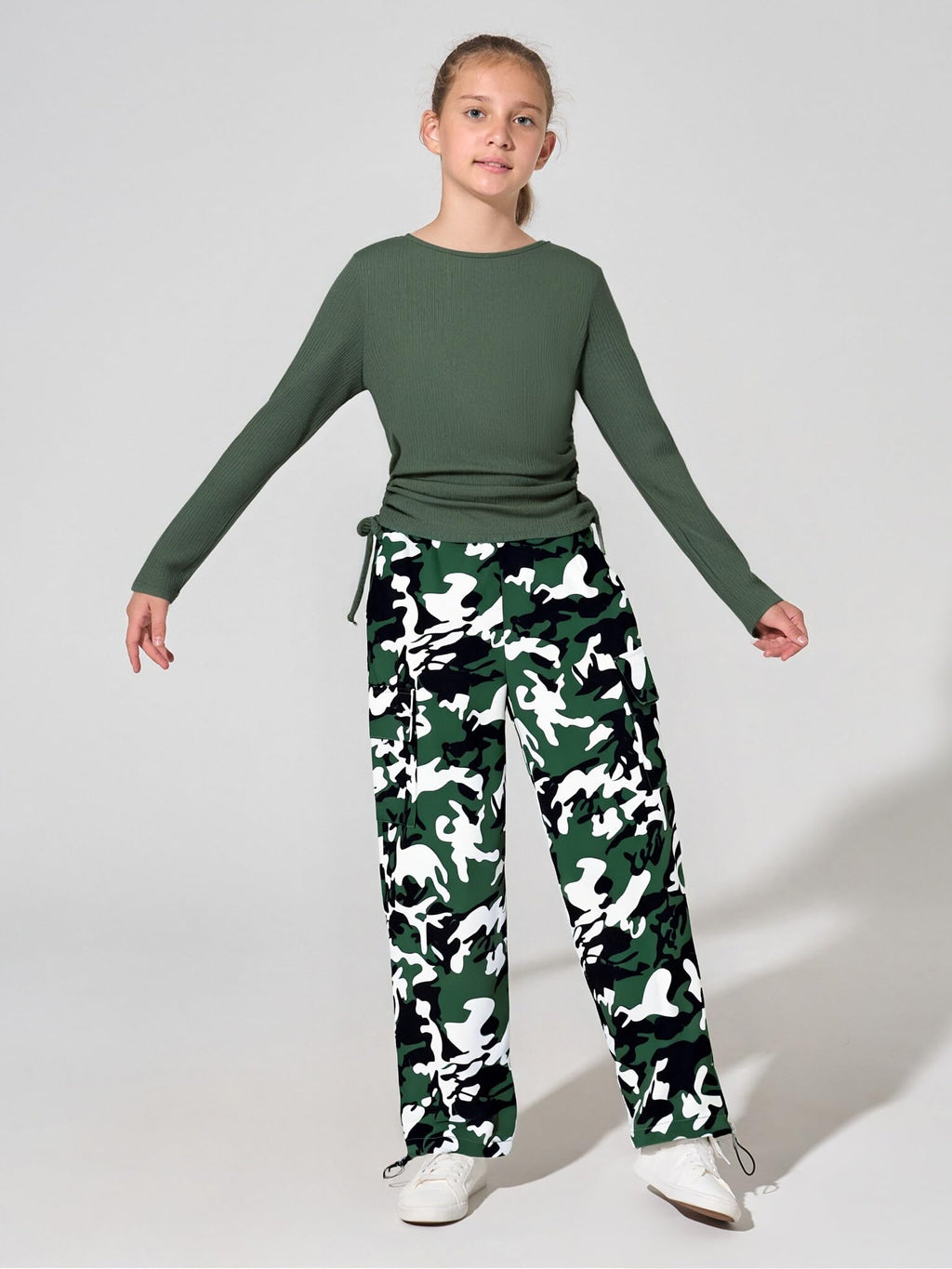 Girls Clothes Tween Girl Clothing Long Sleeve Ruched Drawstring Ribbed Knit Top Camo Cargo Pants Fall Winter Outfits