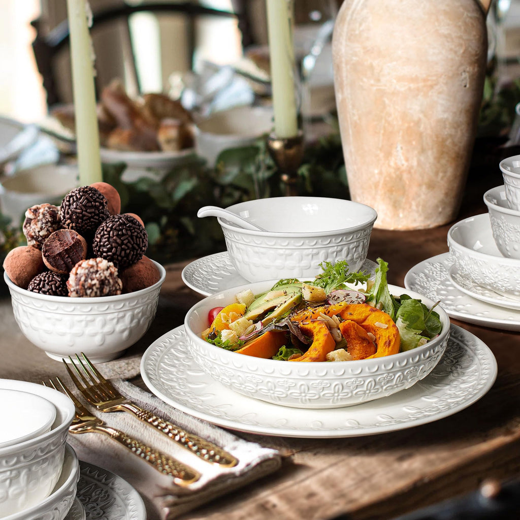 Large Salad Bowls Set of 4, 60oz White Serving Bowls Deep Deep Embossed Ceramic Mixing Bowl for Soup Kitchen, Eating, Ramen, Pasta, Dishwasher & Microwave Safe 8 inch (Multiple Patterns)