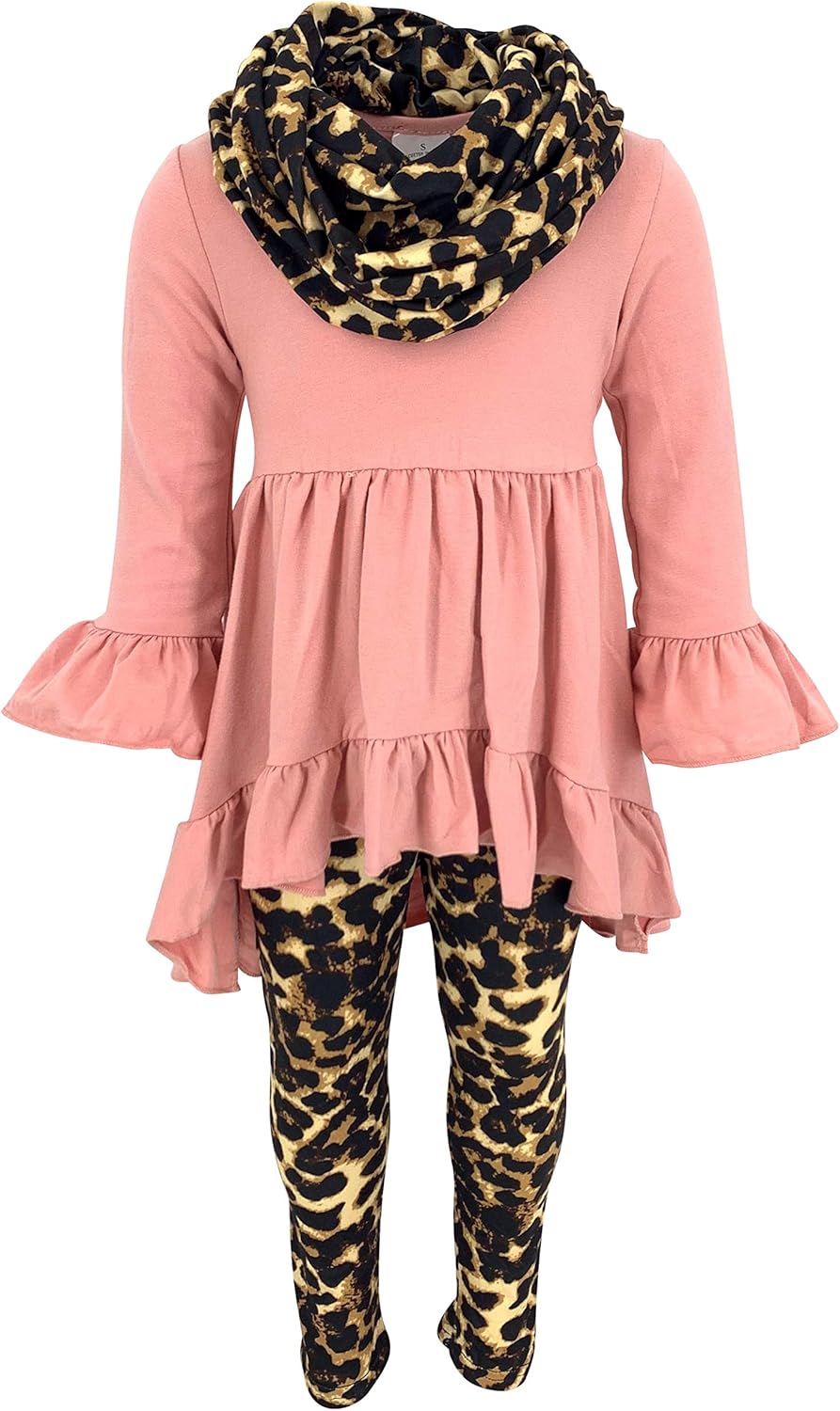Unique Baby Girls Kids Toddler 3pc Outfit Set Long Sleeve Cotton Blend Tunic Top Leggings and Scarf