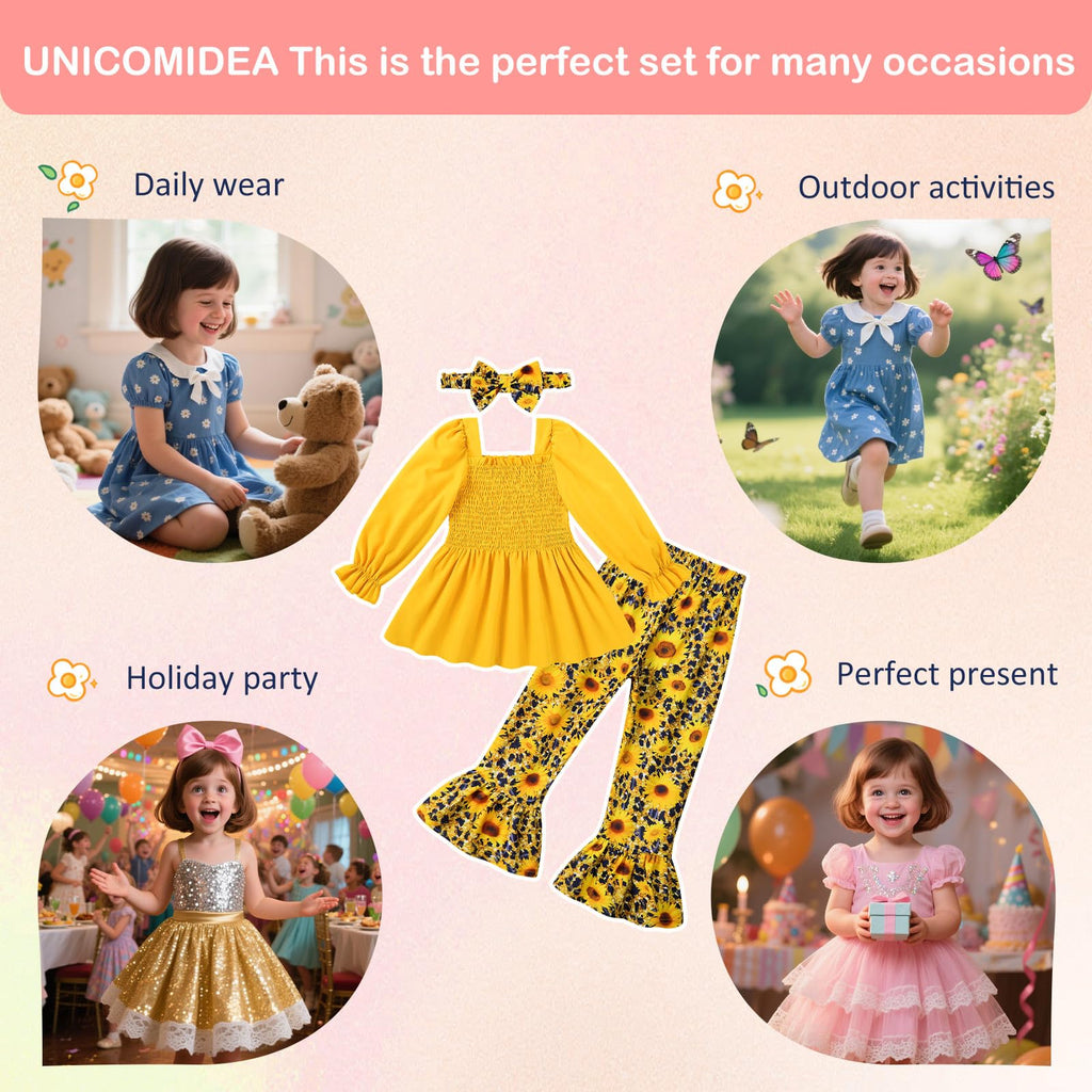 UNICOMIDEA Girls Clothes Set Shirt Top and Flare Pants with Bowknot 2-5T Kids 3 Piece Outfit For Girl