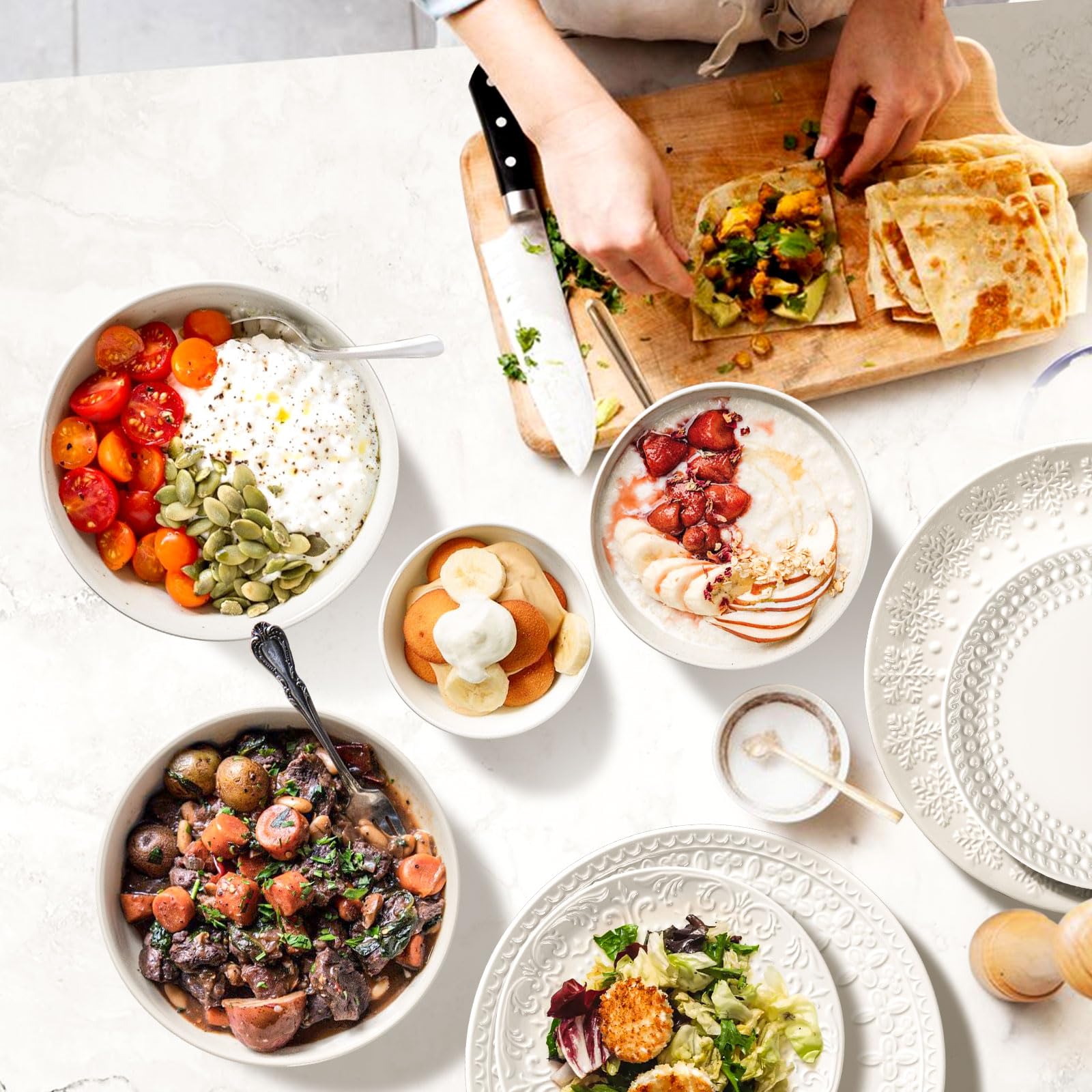 Large Salad Bowls Set of 4, 60oz White Serving Bowls Deep Deep Embossed Ceramic Mixing Bowl for Soup Kitchen, Eating, Ramen, Pasta, Dishwasher & Microwave Safe 8 inch (Multiple Patterns)