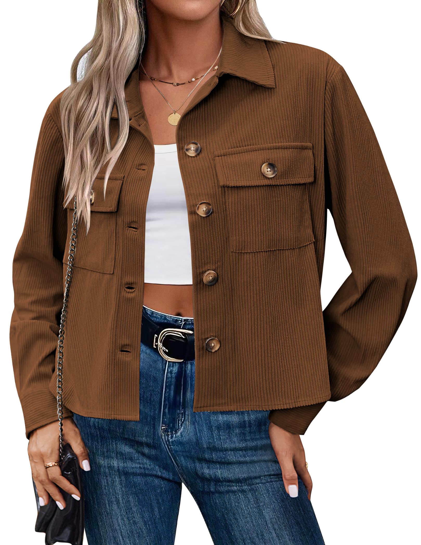 Zeagoo Womens Fashion Cropped Corduroy Shackets Button Down Jackets Tops Fall Trendy Long Sleeve Shirts