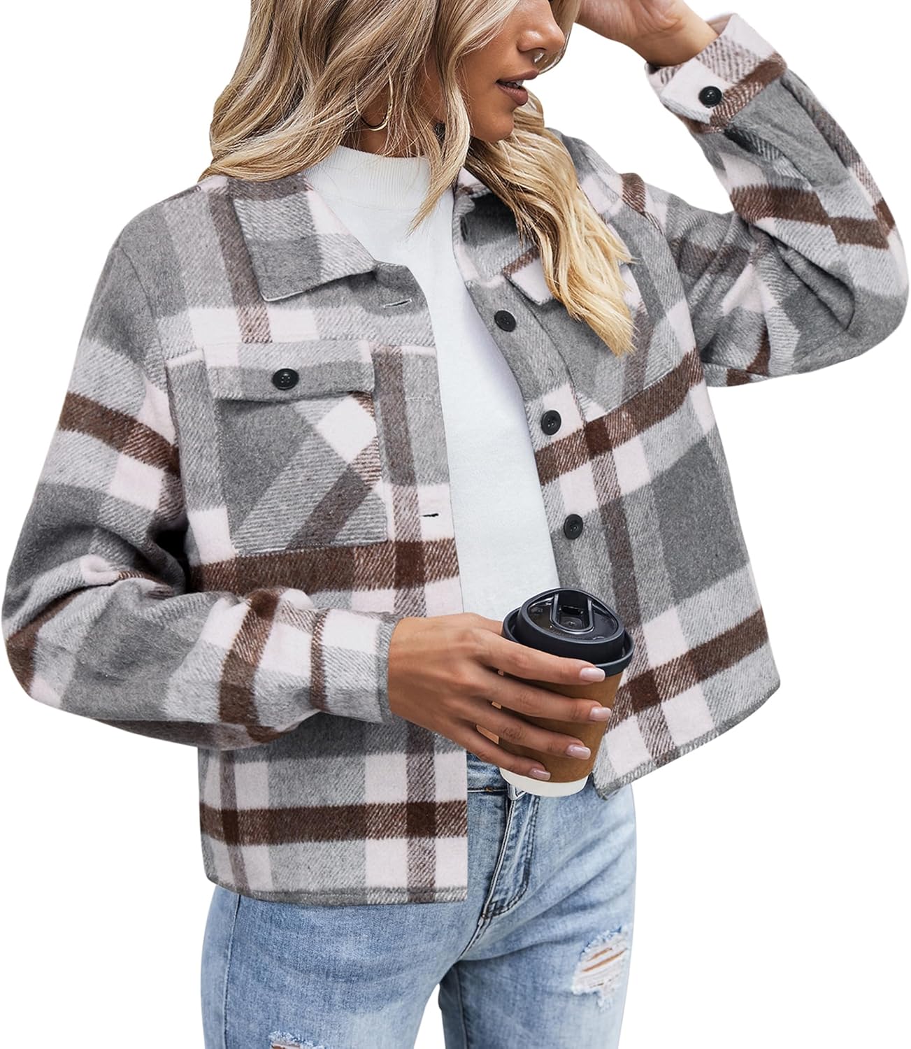 Zeagoo Flannels for Women Cropped Shacket Jacket Fashion Plaid Button Down Shirt 2025 Fall Coat Tops