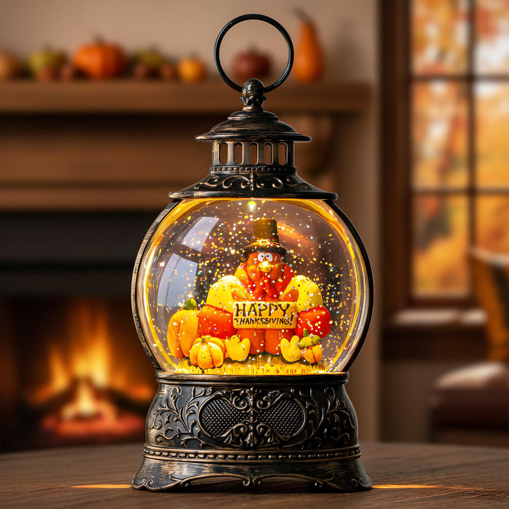 Fall Snow Globe Lantern with Autumn Turkey and Pumpkins Thanksgiving LED Decor for Home, Indoor Tabletop Centerpiece with Glitter Flakes, Harvest Light Decorations