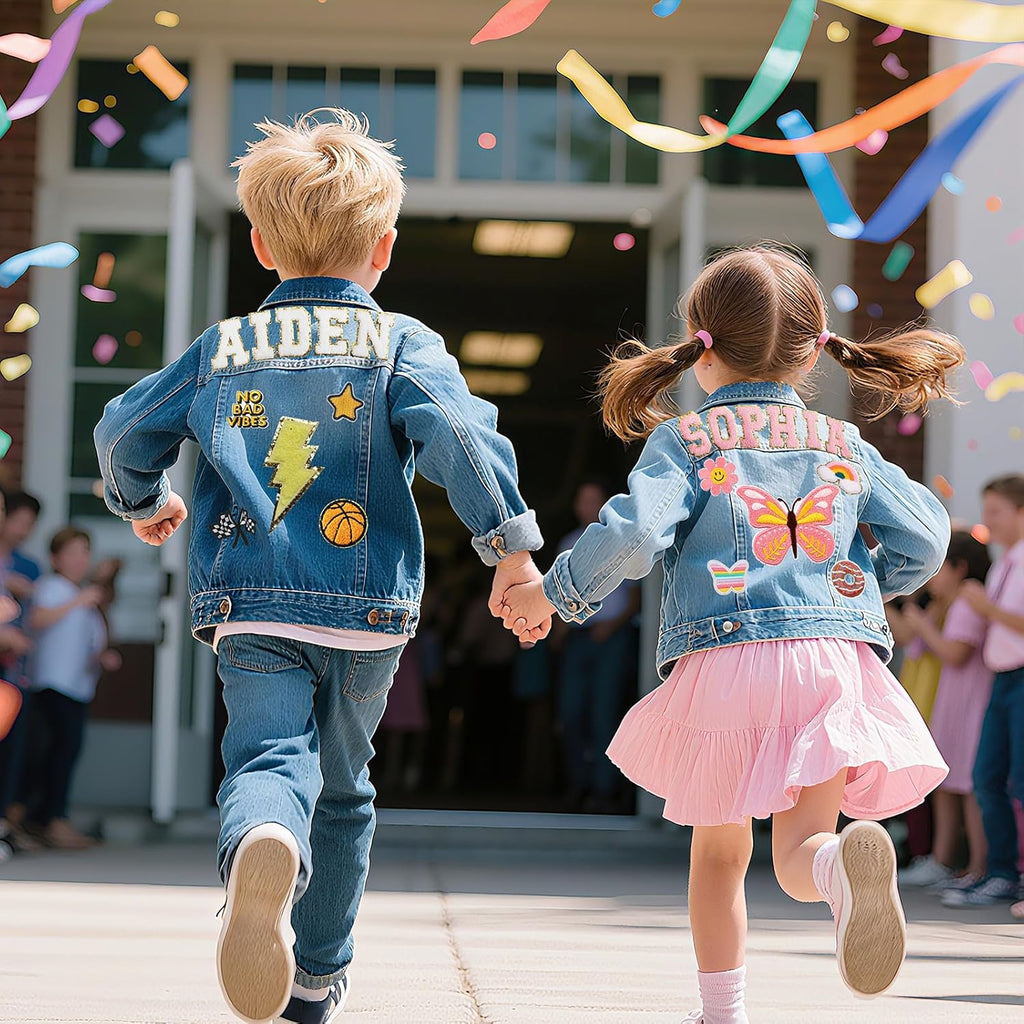 Personalized Kids Patch Denim Jacket with Names, Custom Long Sleeve Jean Jacket, Back to School Brithday Easter Gifts for Toddlers, 1-8 Years Old Girls Clothes, Girls Spring Outfits