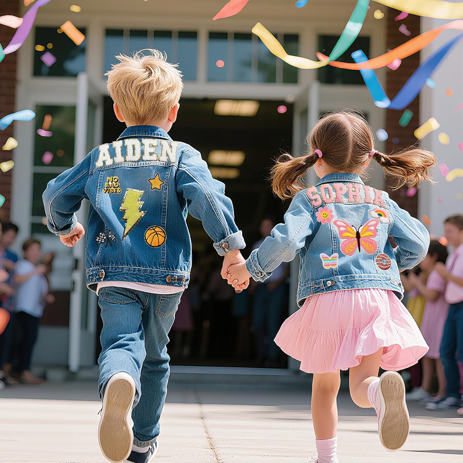 Personalized Kids Patch Denim Jacket with Names, Custom Long Sleeve Jean Jacket, Back to School Brithday Easter Gifts for Toddlers, 1-8 Years Old Girls Clothes, Girls Spring Outfits