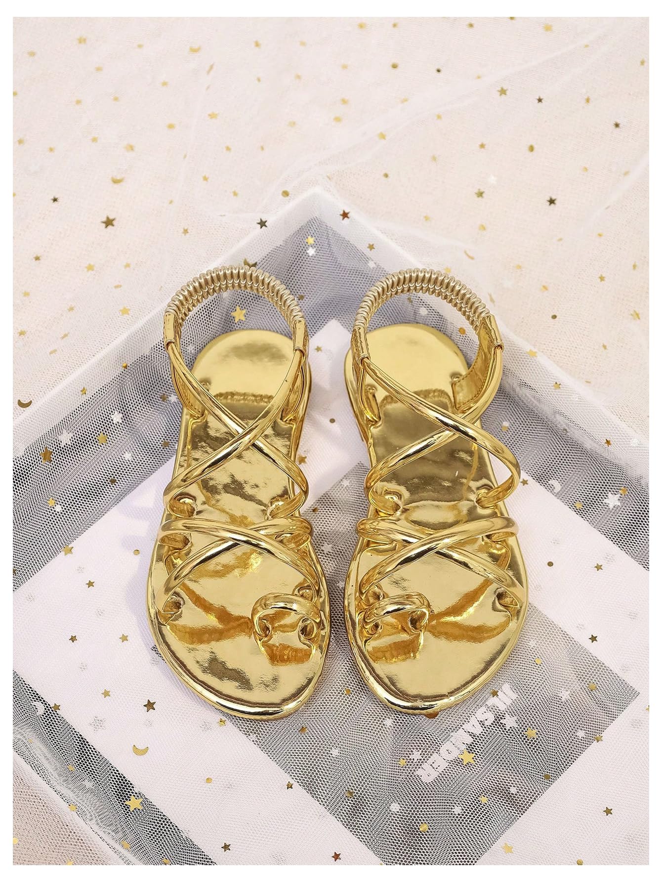 GORGLITTER Girl's Metallic Strappy Flat Sandals Dressy Toe Ring Ankle Strap Cute Slio on Shoes