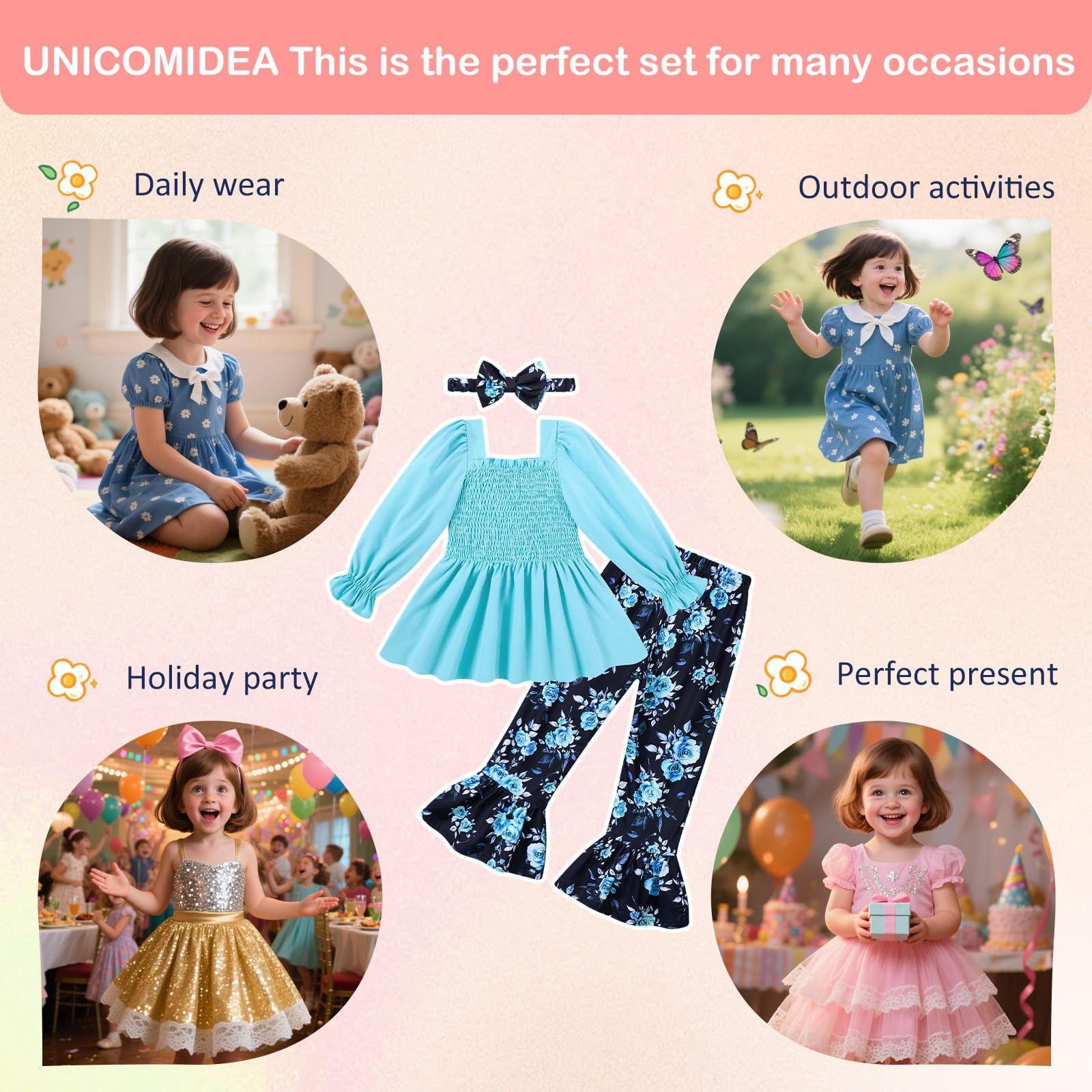 UNICOMIDEA Girls Clothes Set Shirt Top and Flare Pants with Bowknot 2-5T Kids 3 Piece Outfit For Girl