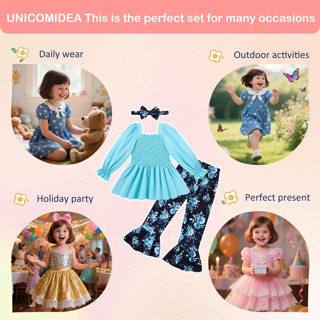 UNICOMIDEA Girls Clothes Set Shirt Top and Flare Pants with Bowknot 2-5T Kids 3 Piece Outfit For Girl
