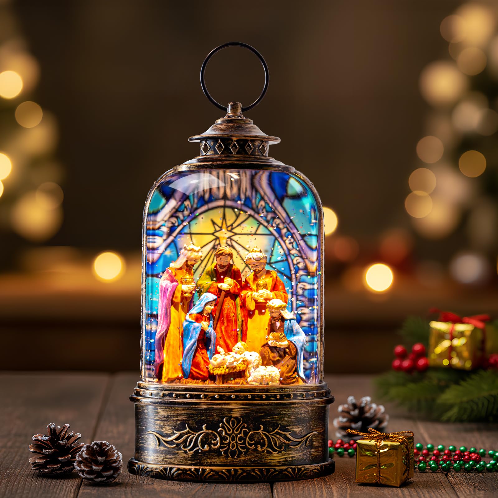 Fall Snow Globe Lantern with Autumn Turkey and Pumpkins Thanksgiving LED Decor for Home, Indoor Tabletop Centerpiece with Glitter Flakes, Harvest Light Decorations