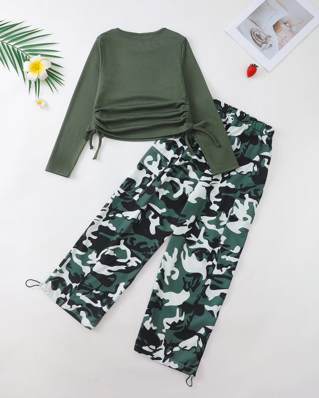 Girls Clothes Tween Girl Clothing Long Sleeve Ruched Drawstring Ribbed Knit Top Camo Cargo Pants Fall Winter Outfits