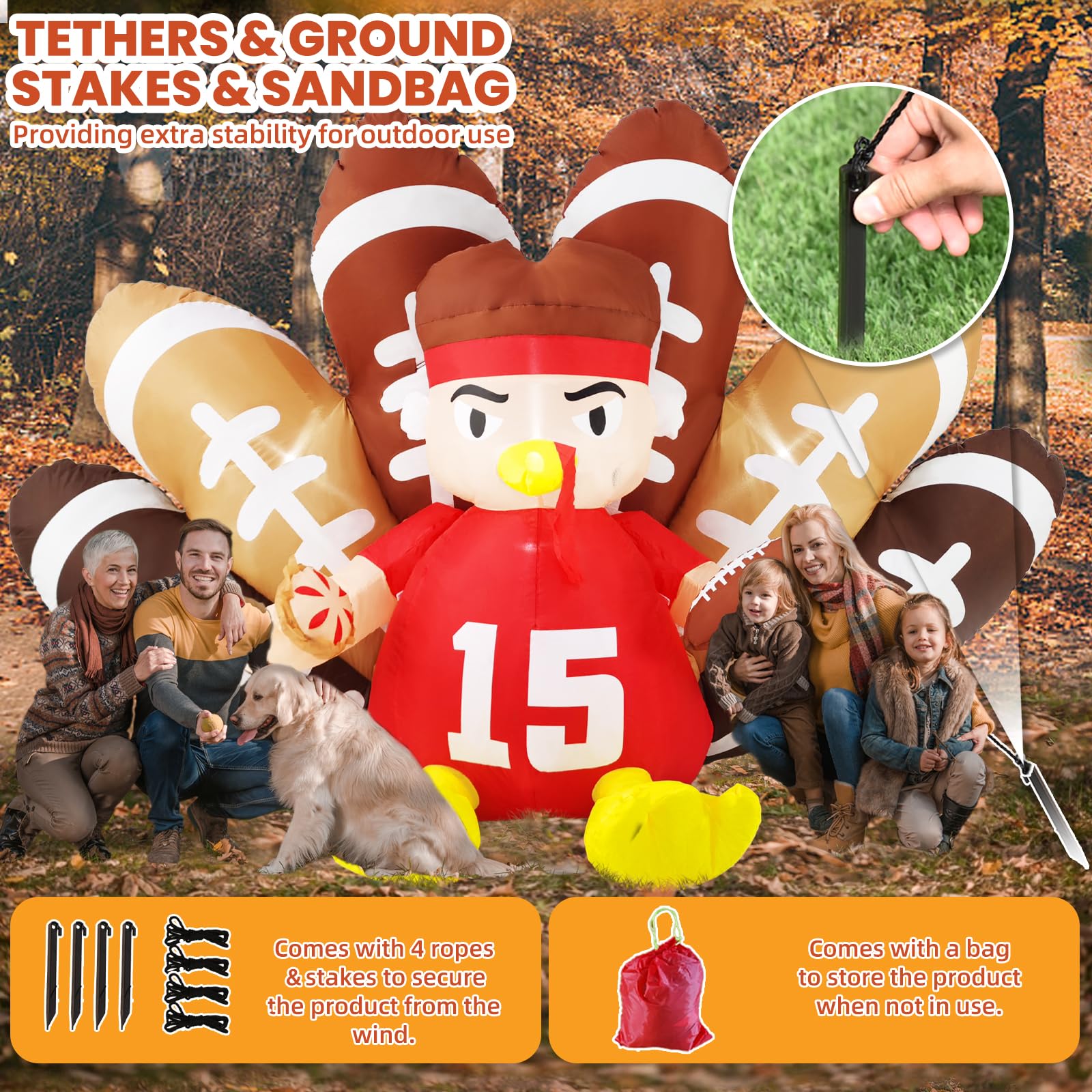 Gardwin 8FT Long Thanksgiving Inflatables Turkey Decorations,Blow up Turkey Inflatable with Built-in Led Lights,Football Inflatable Turkey Outdoor for Outdoor Garden Lawn Decor