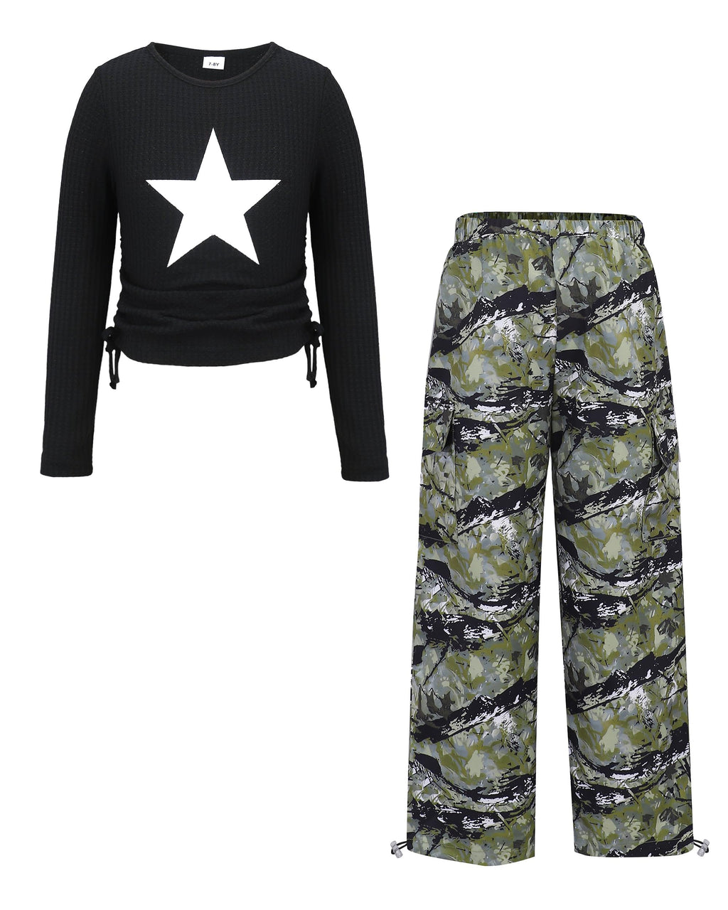Girls Clothes Tween Girl Clothing Long Sleeve Ruched Drawstring Ribbed Knit Top Camo Cargo Pants Fall Winter Outfits