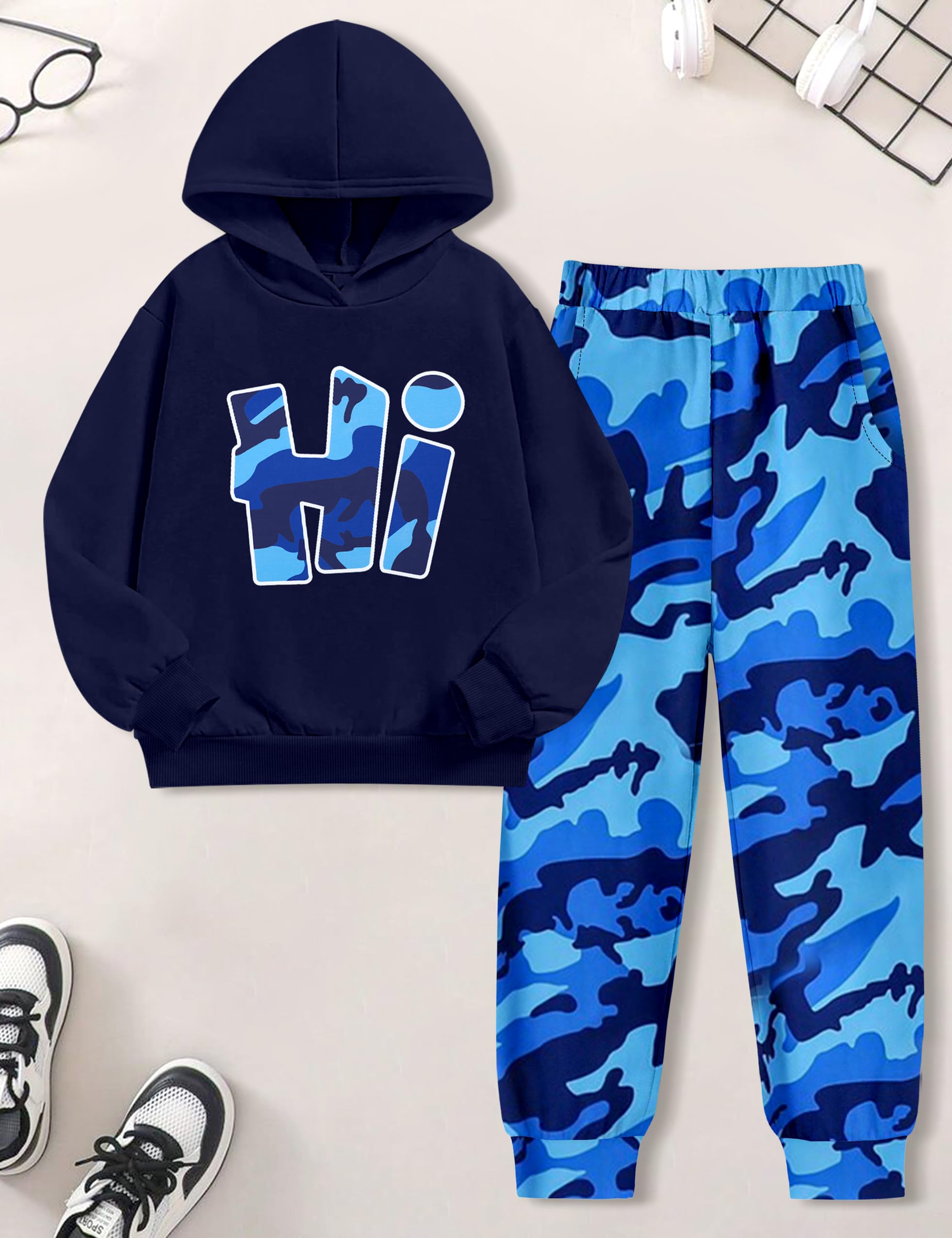Boys Clothes Camo Boys Outfits Letter Printing Pullover Hoodie and Pants 2Pcs Winter Kids Clothes Boys for 7-14 Years