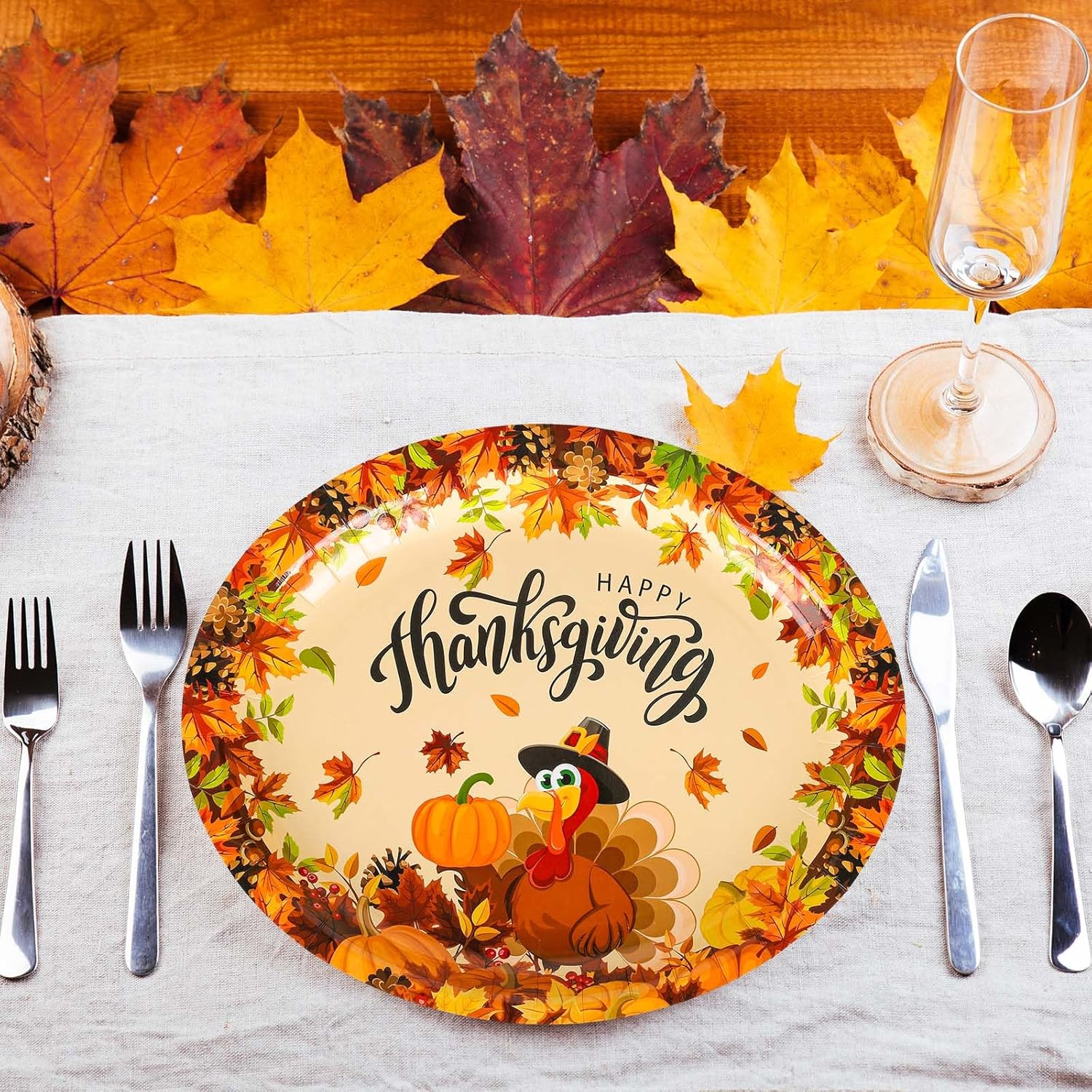 50Pcs Thanksgiving Oval Paper Plates Turkey Pumpkin Pattern Disposable Plates Large Decorative Tableware for Fall Autumn Harvest Party Decor Supplies