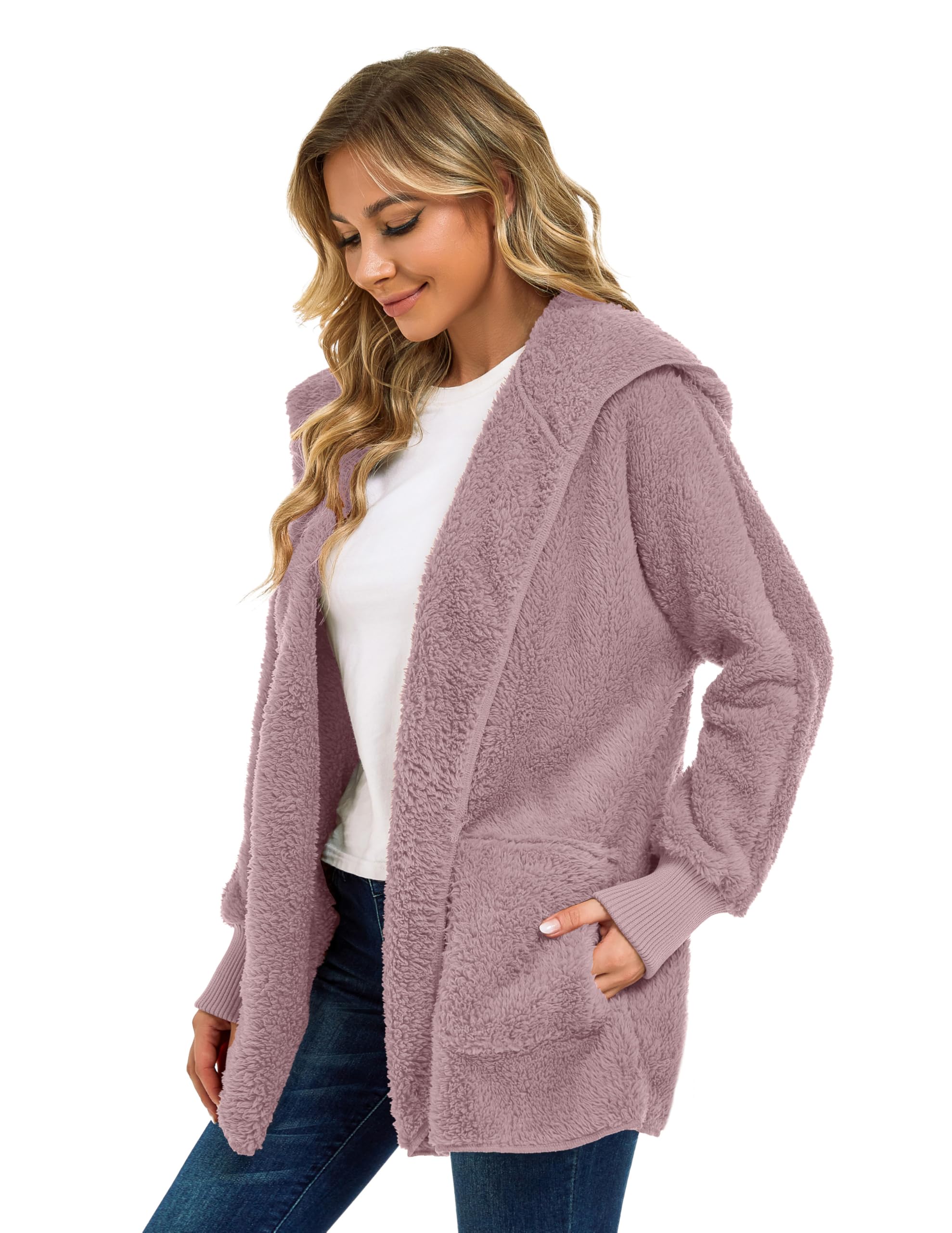 CHICGAL Womens Fuzzy Jacket Hooded Cardigan Open Front Sherpa Coat Outwear with Pockets