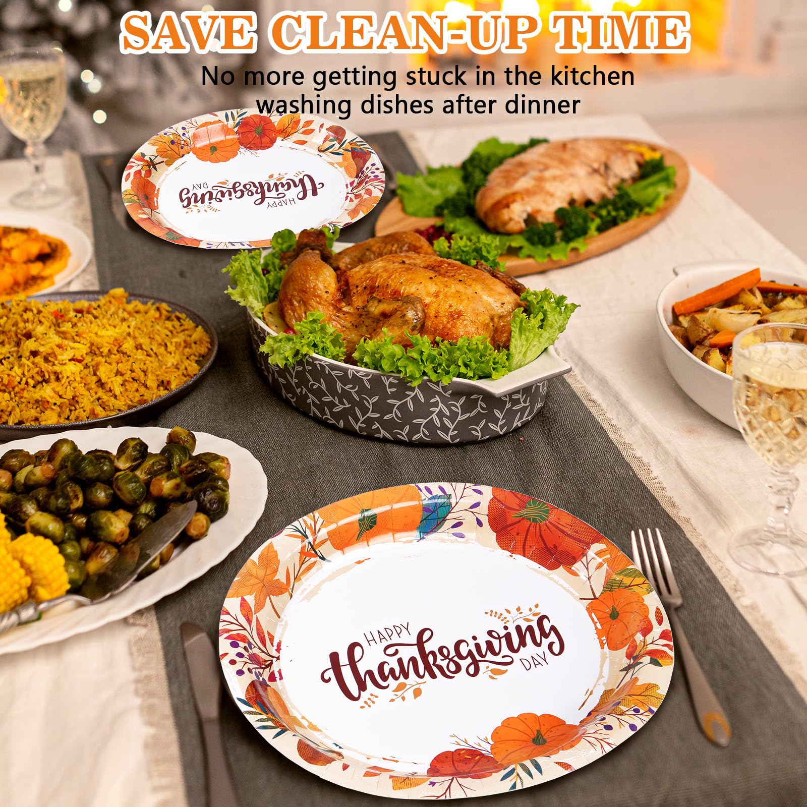 50 Count Thanksgiving Oval Paper Plates, 10" x 12.5" Large Disposable Dinner Serving Party Platters Heavy Duty, Autumn Fall Harvest Party Supply Thanksgiving Decor