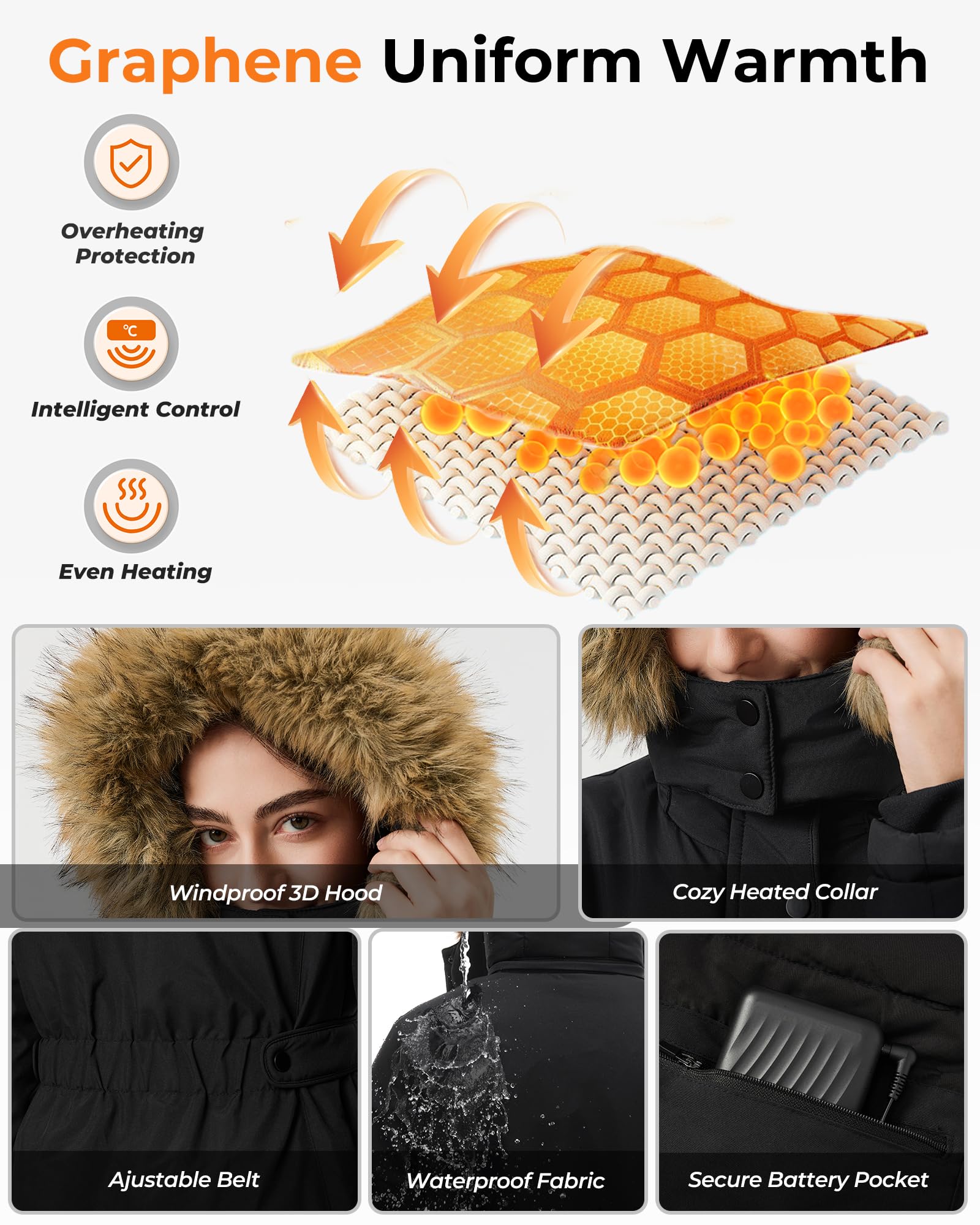 Graphene Long Heated Jacket for Women with 18400mAh 12V Battery Pack, Womens Parka Coat with Faux Fur Detachable Hood