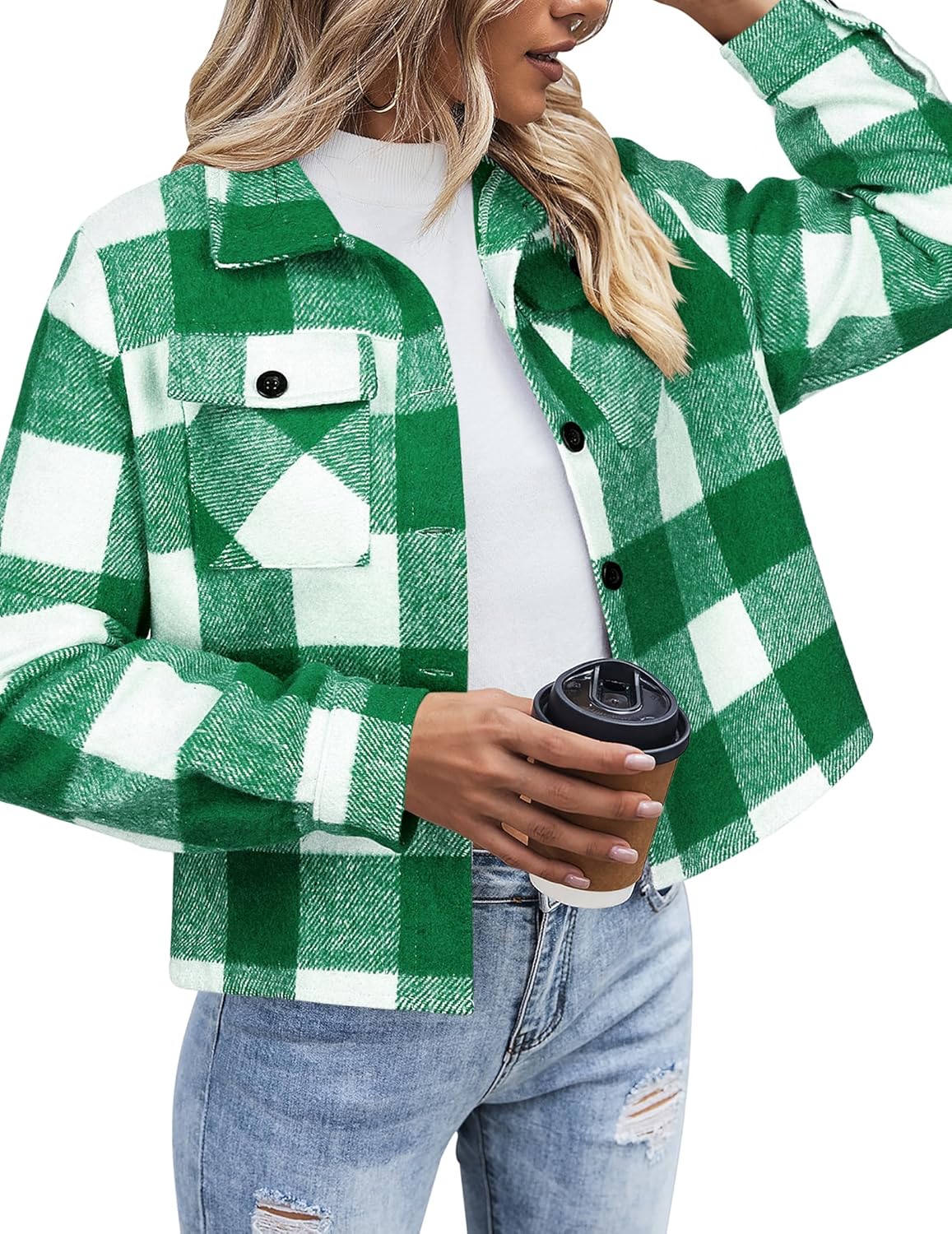 Zeagoo Flannels for Women Cropped Shacket Jacket Fashion Plaid Button Down Shirt 2025 Fall Coat Tops