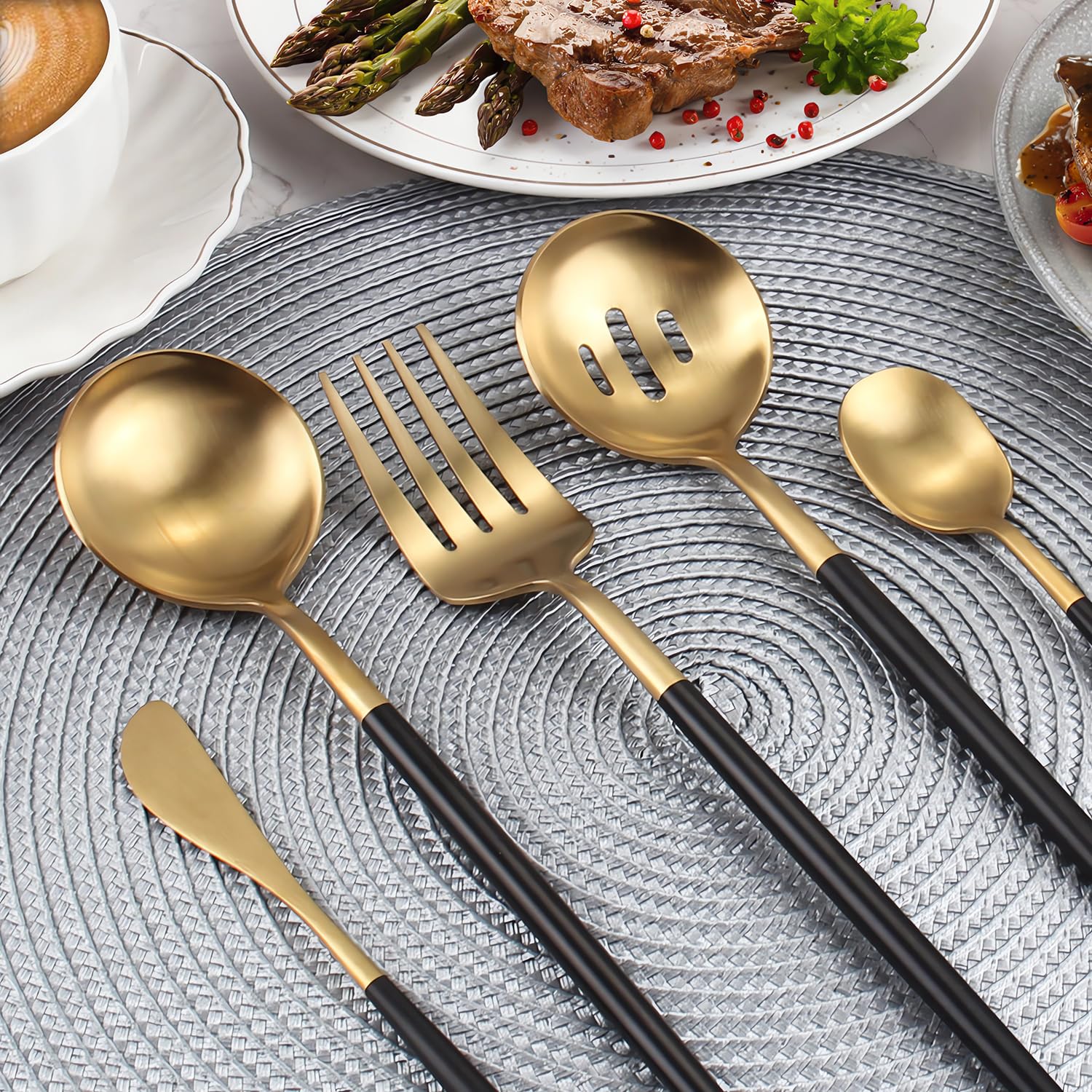 Gold Stainless Steel Serving Utensils Set, 5 Pcs - 10.8 Inch Serving Fork, 10.3 Inch Slotted Spoon, Sugar Spoon, Butter Knife for Buffet