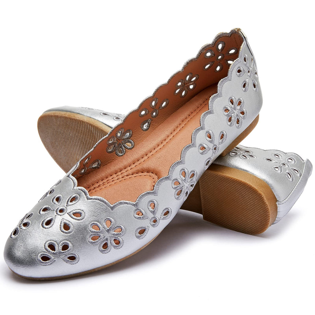 FRACORA Women's Ballet Flats Black PU Leather Dress Shoes Comfortable Round Toe Slip on Flats with Breathable Eyelets