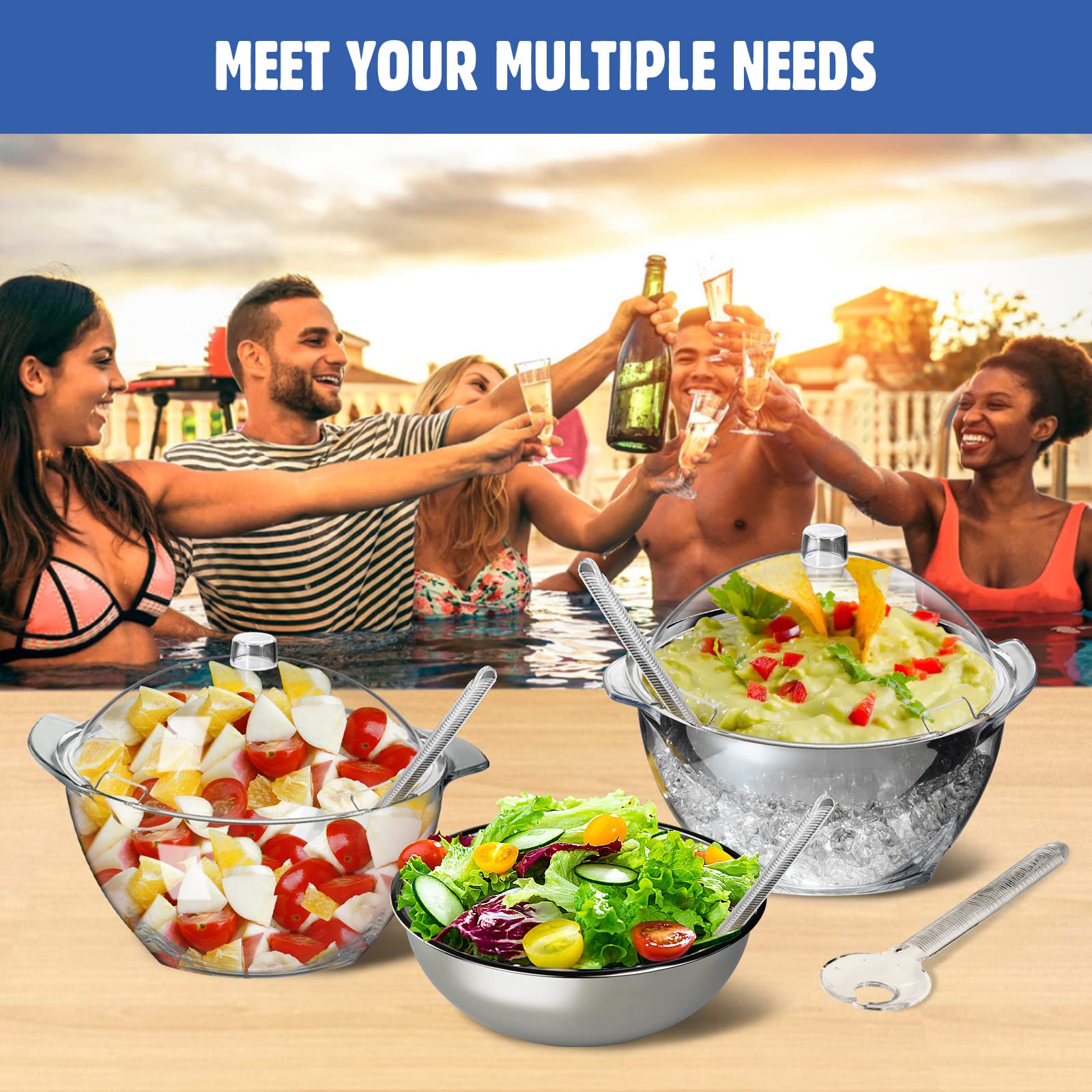 LIMOEASY Chilled Veggie Tray, 15 Inch Clear Party Platter with 4 Compartments, Ice Serving Bowl with Lid, Cold Food Buffet Server for Fruit, Vegetable, Appetizer, Shrimp