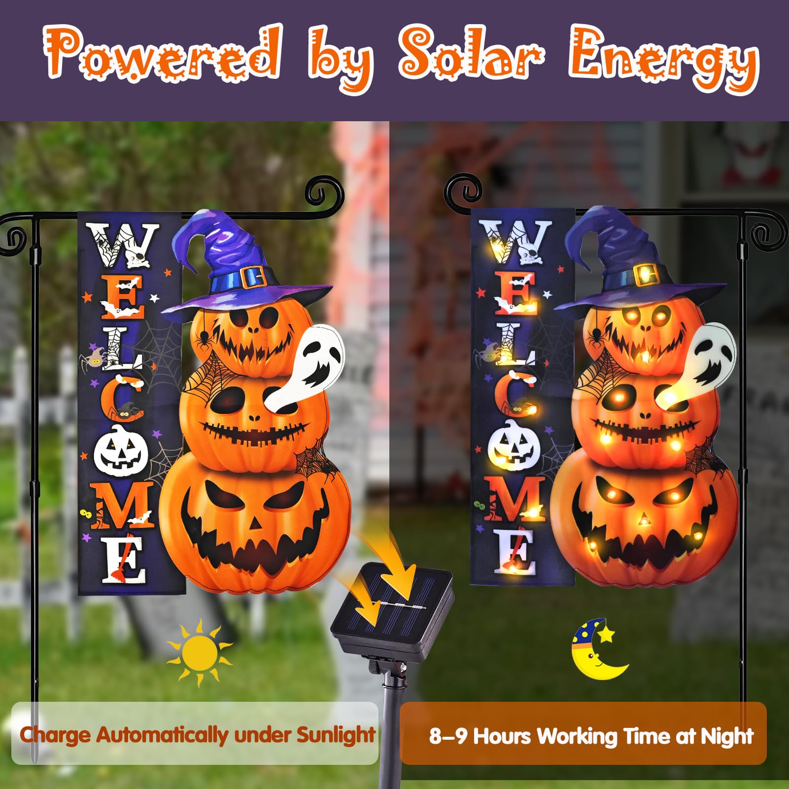 Halloween Lighted Garden Flag for Outside, Led Solar Yard Flag 8 Modes Witch Feet Shape Flag, 12x18 Double Sided Cauldron Eyeball Black Cat Decorations for Home Porch