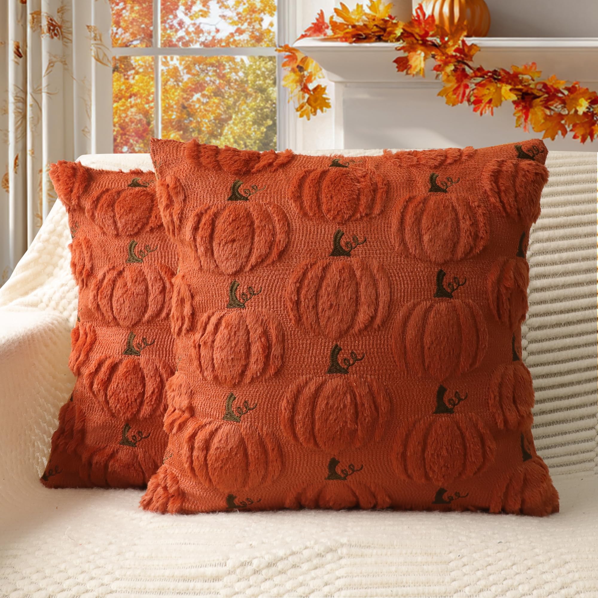 4TH Emotion Fall Pumpkins Decorative Pillow Covers 18x18 Set of 2, Beige Soft Plush Faux Fur Wool Farmhouse Throw Cushion Cases for Autumn Thanksgiving Holiday Home Decorations