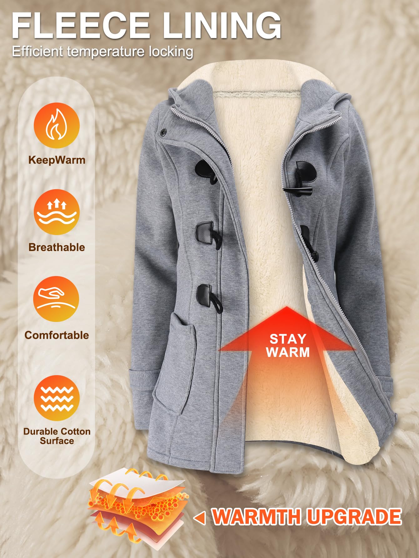 Gihuo Winter Jackets for Women Sherpa Lined Jacket Women Duffle Toggle Coat Hooded Fleece Jacket