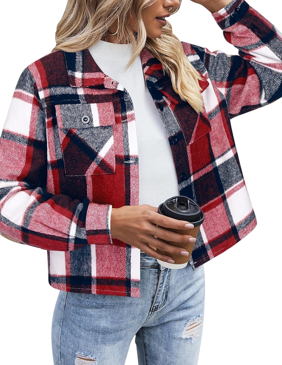 Zeagoo Flannels for Women Cropped Shacket Jacket Fashion Plaid Button Down Shirt 2025 Fall Coat Tops