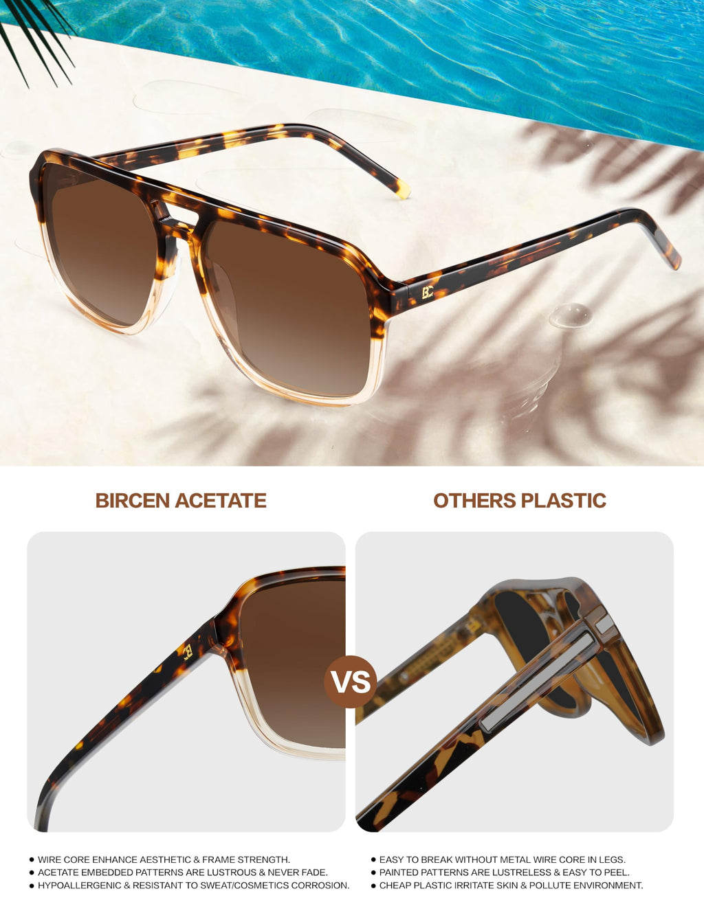 BIRCEN Women Polarized Acetate Sunglasses: Fashion Square Aviator Shades UV Protection for Trendy Laides Travel Beach Outdoor