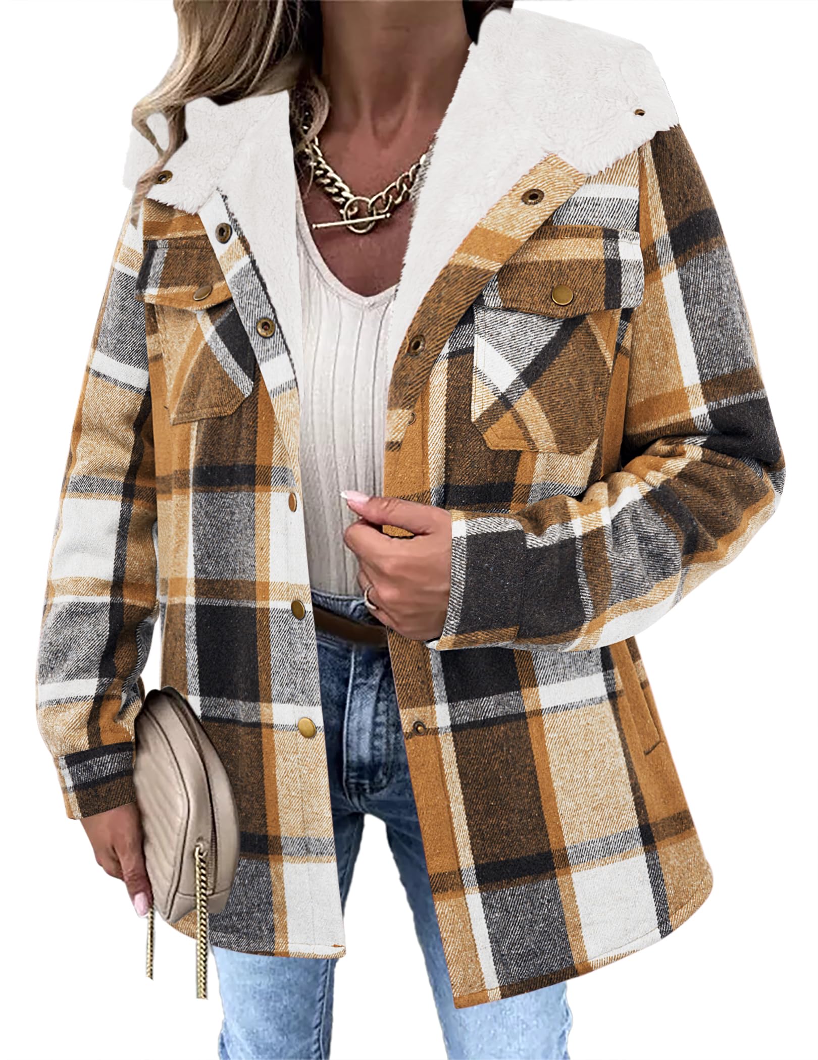 Zeagoo Womens Plaid Shacket Jacket Long Sleeve Fleece Hooded Jackets Fall Winter Warm Coat S-2XL