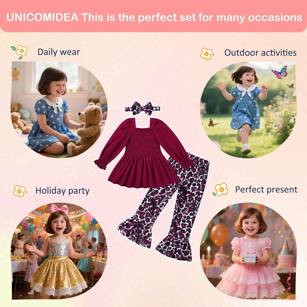 UNICOMIDEA Girls Clothes Set Shirt Top and Flare Pants with Bowknot 2-5T Kids 3 Piece Outfit For Girl