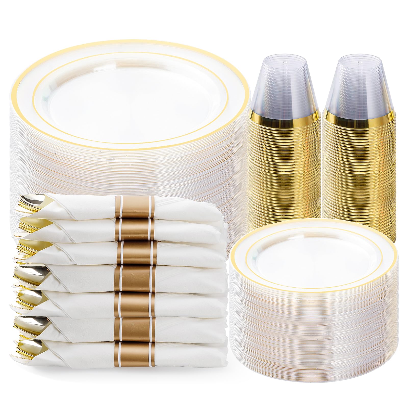 350PCS Gold Plastic Dinnerware Set, Disposable Party Plates for 50 Guests, Include: 100 Plastic Plates, 50 Pre Rolled Napkins with Gold Silverware, 50 Cups