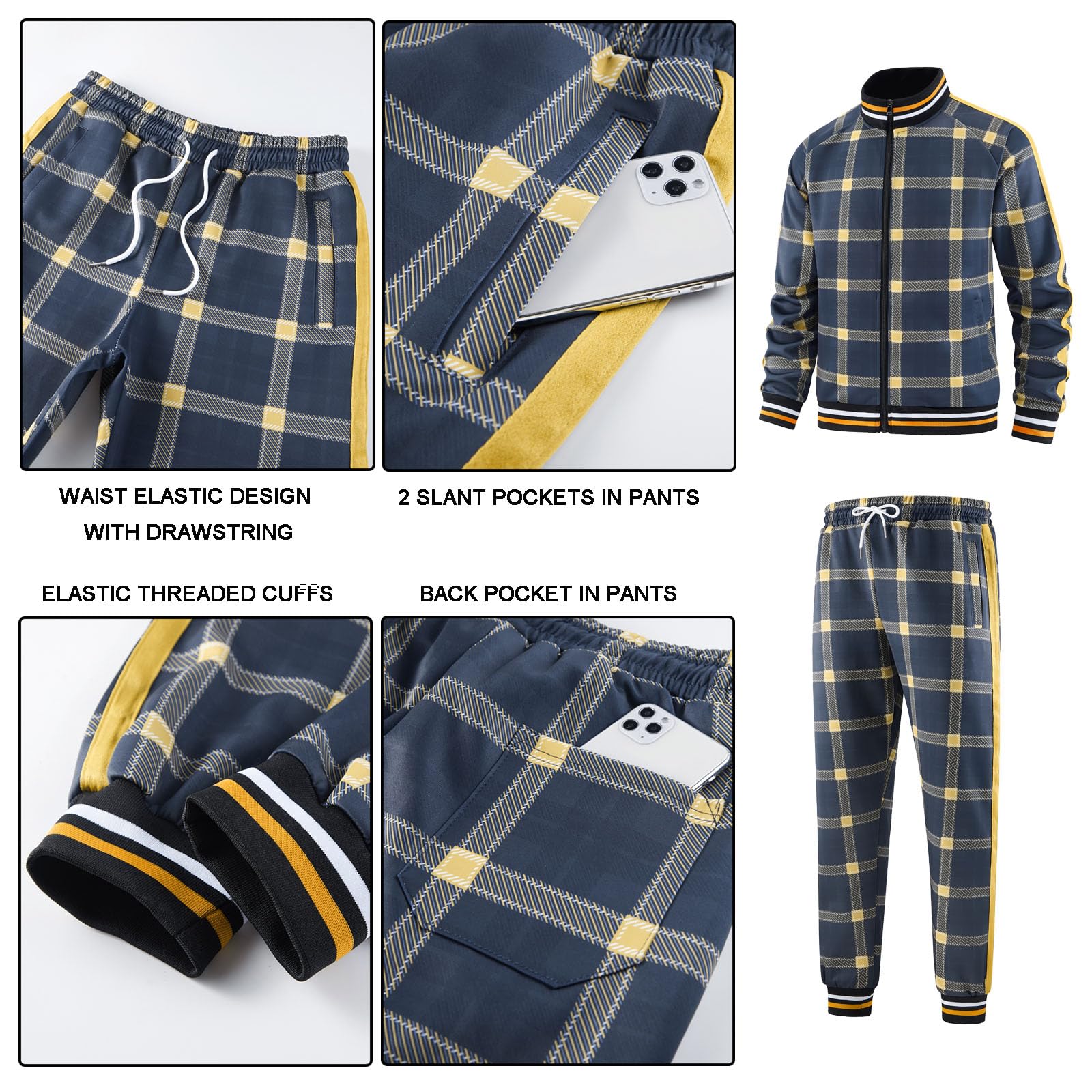 Men Tracksuits Full-zip Long Sleeve Plaid Track Jackets and Pants 2 Piece