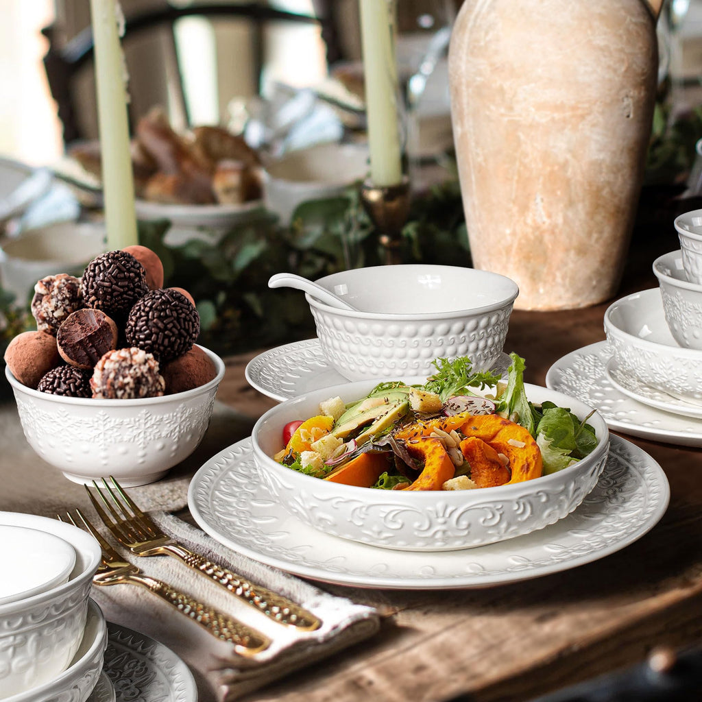 Large Salad Bowls Set of 4, 60oz White Serving Bowls Deep Deep Embossed Ceramic Mixing Bowl for Soup Kitchen, Eating, Ramen, Pasta, Dishwasher & Microwave Safe 8 inch (Multiple Patterns)