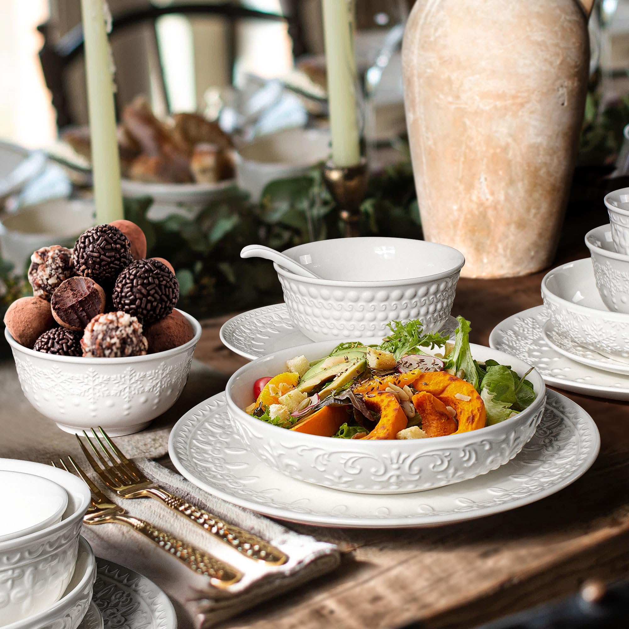 Large Salad Bowls Set of 4, 60oz White Serving Bowls Deep Deep Embossed Ceramic Mixing Bowl for Soup Kitchen, Eating, Ramen, Pasta, Dishwasher & Microwave Safe 8 inch (Multiple Patterns)