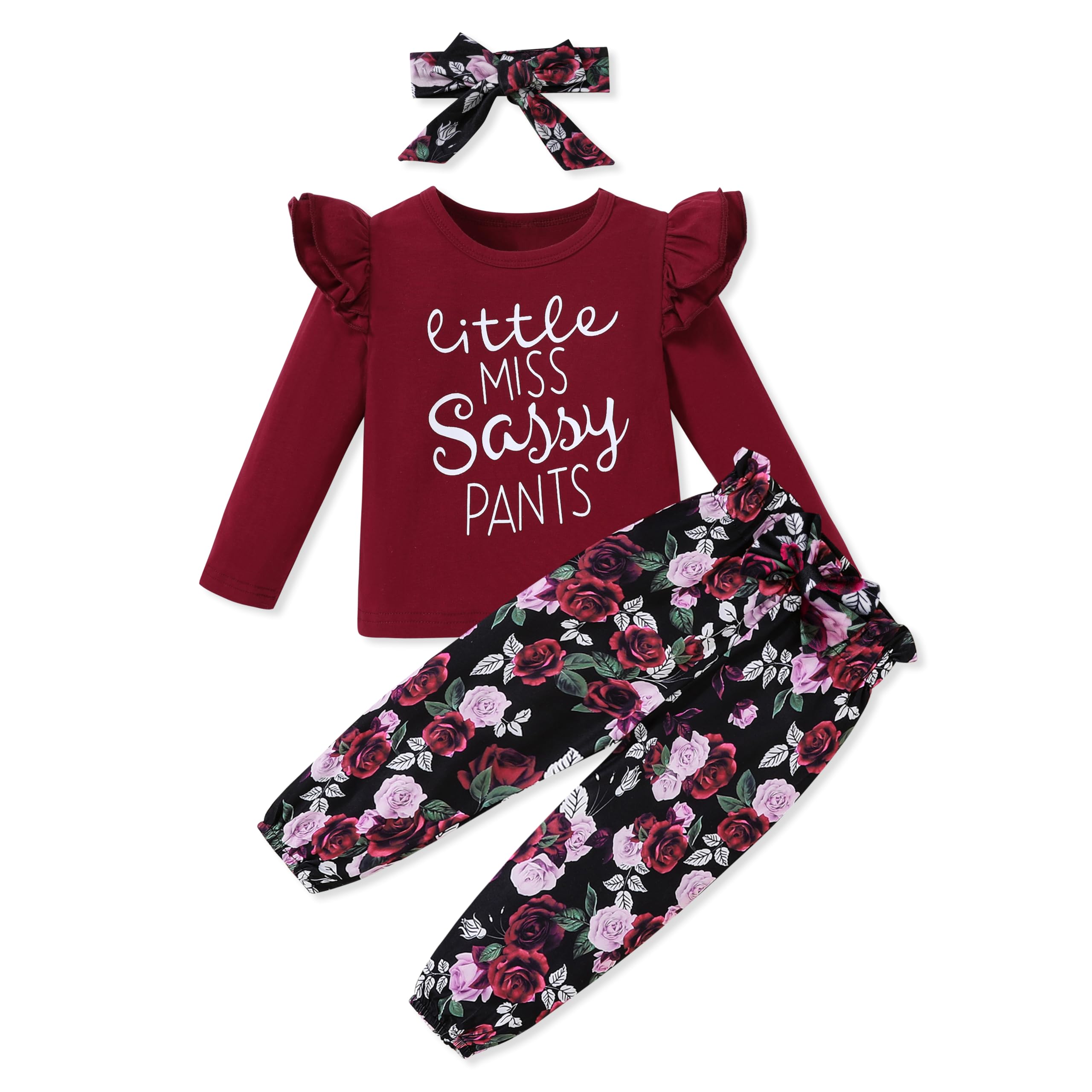 SANMIO Toddler Girl Clothes Outfits Cute Ruffle Sleeve Shirt Floral Pant+Headband 3Pcs Baby Girl Clothing Set 1-6T