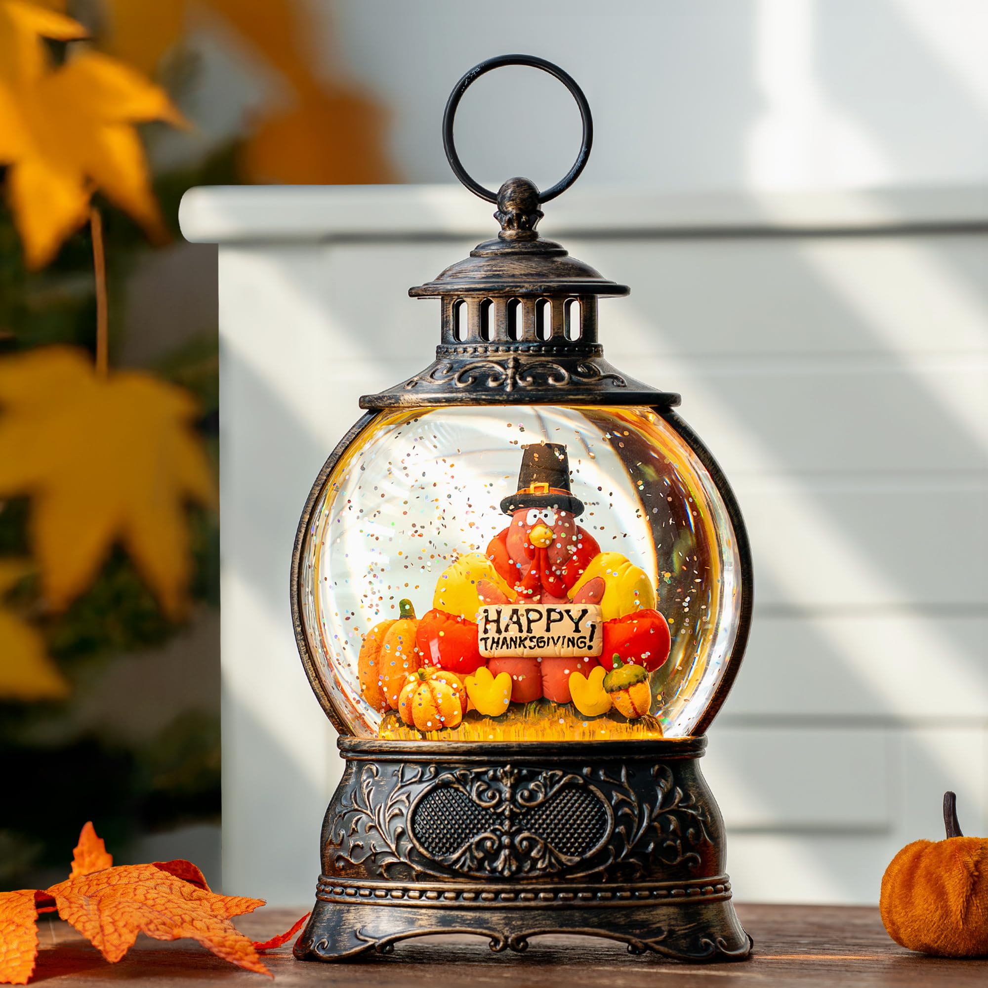Fall Snow Globe Lantern with Autumn Turkey and Pumpkins Thanksgiving LED Decor for Home, Indoor Tabletop Centerpiece with Glitter Flakes, Harvest Light Decorations
