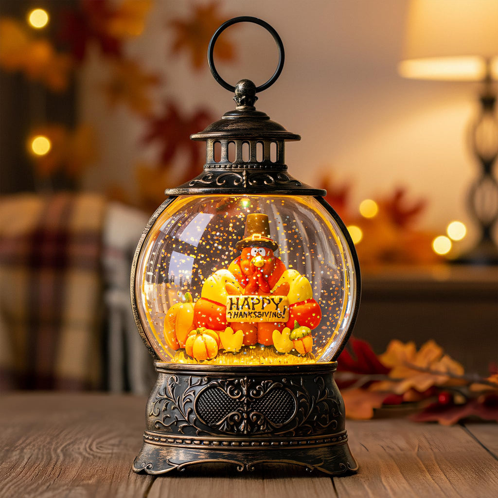 Fall Snow Globe Lantern with Autumn Turkey and Pumpkins Thanksgiving LED Decor for Home, Indoor Tabletop Centerpiece with Glitter Flakes, Harvest Light Decorations