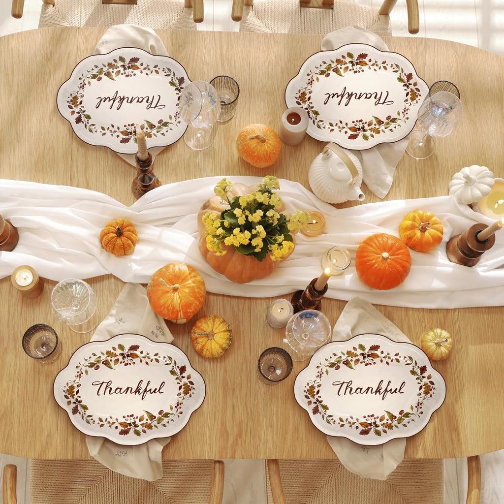 50 Pcs Thanksgiving Leaves Oval Paper Plates 9.6"x12"Autumn Berry Heavy Duty Party Plates Fall Maple Large Disposable Plates for Fall Harvest Give Thanks Party Supply