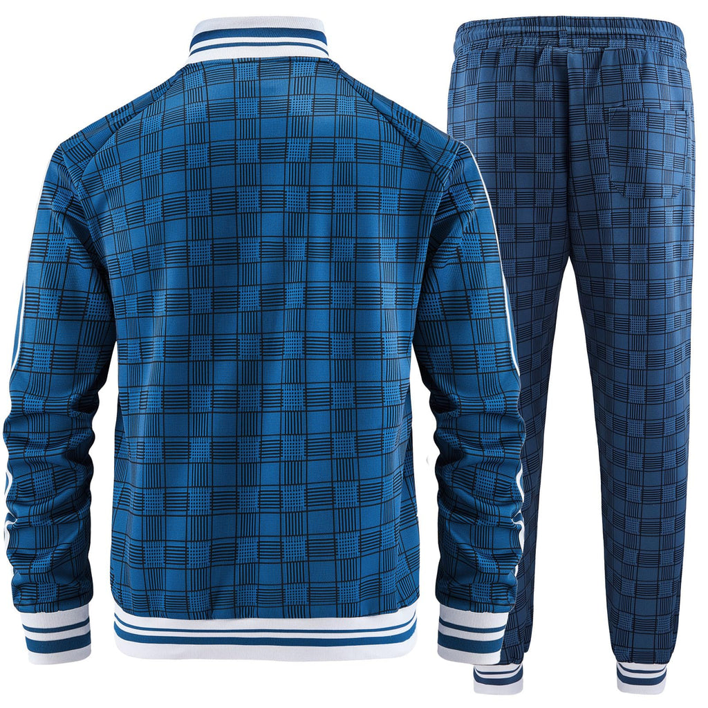 Men Tracksuits Full-zip Long Sleeve Plaid Track Jackets and Pants 2 Piece