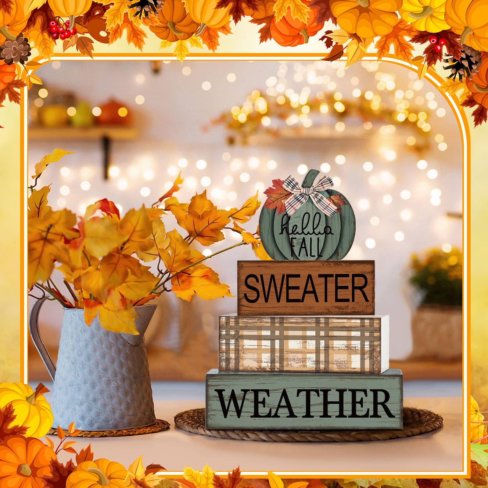 4 Pcs Fall Decor Wooden Maple Leaf Decoration Fall Tiered Tray Decor Rustic Wooden Maple Leaf Block Sign Gift Thanksgiving Table Centerpiece Farmhouse for Autumn Harvest Party Home Kitchen