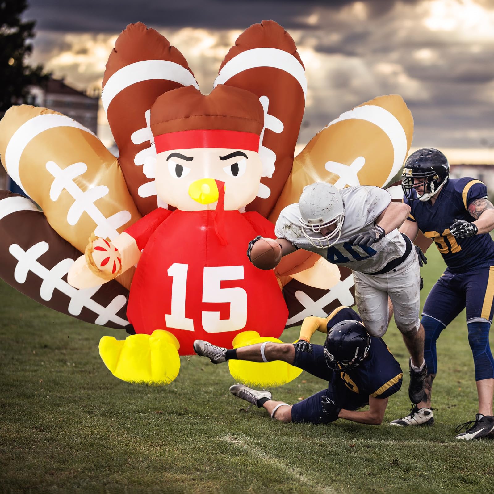 Gardwin 8FT Long Thanksgiving Inflatables Turkey Decorations,Blow up Turkey Inflatable with Built-in Led Lights,Football Inflatable Turkey Outdoor for Outdoor Garden Lawn Decor