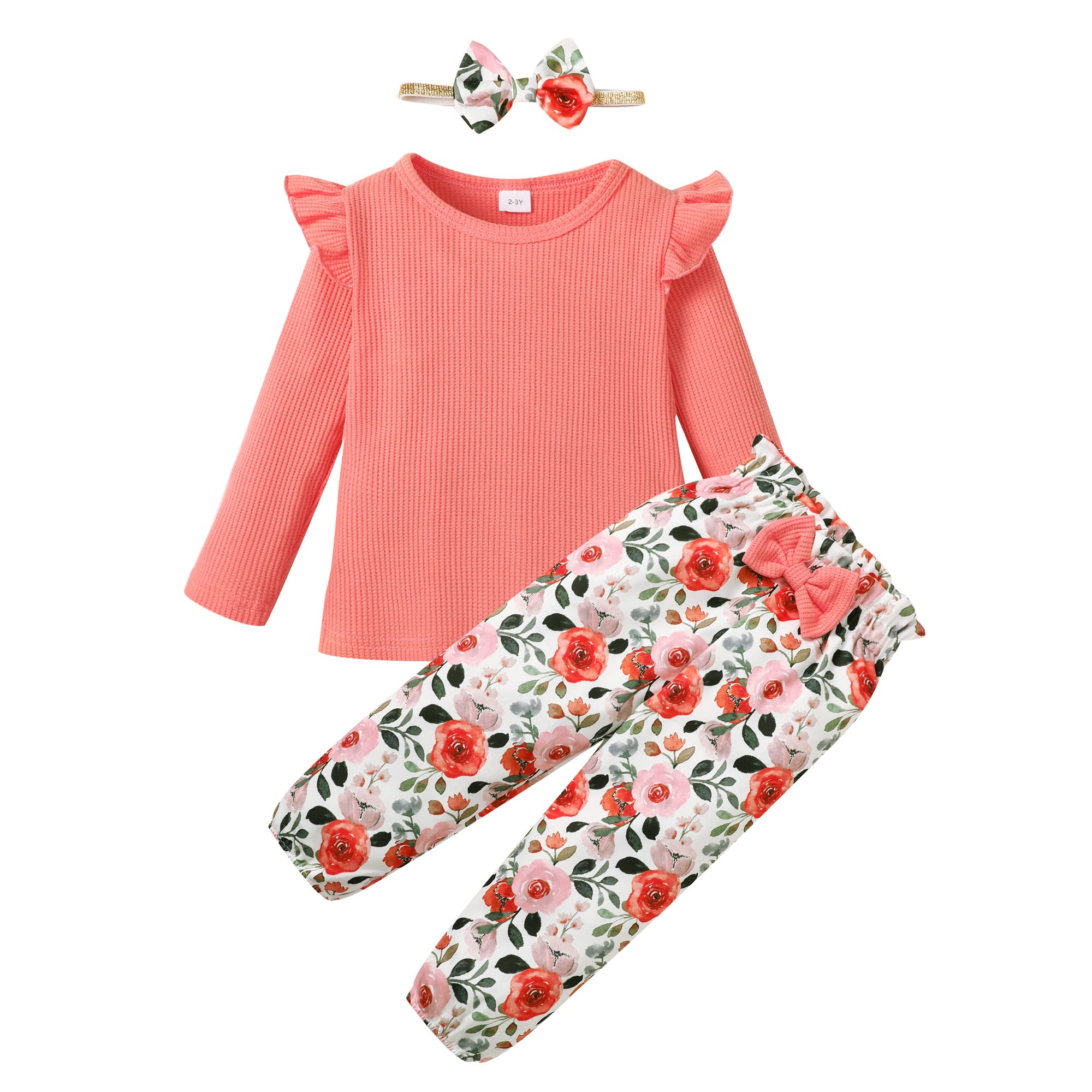 YALLET 3Pcs Toddler Girl Clothes Solid Color Long Sleeves Ruffle Top+Floral Pants+Headband 1-6 Years Fall/Winter Outfits Set