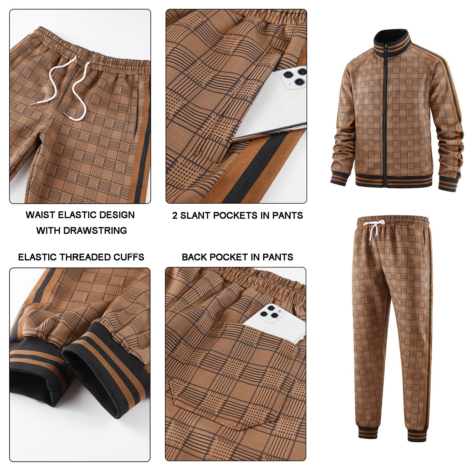 Men Tracksuits Full-zip Long Sleeve Plaid Track Jackets and Pants 2 Piece