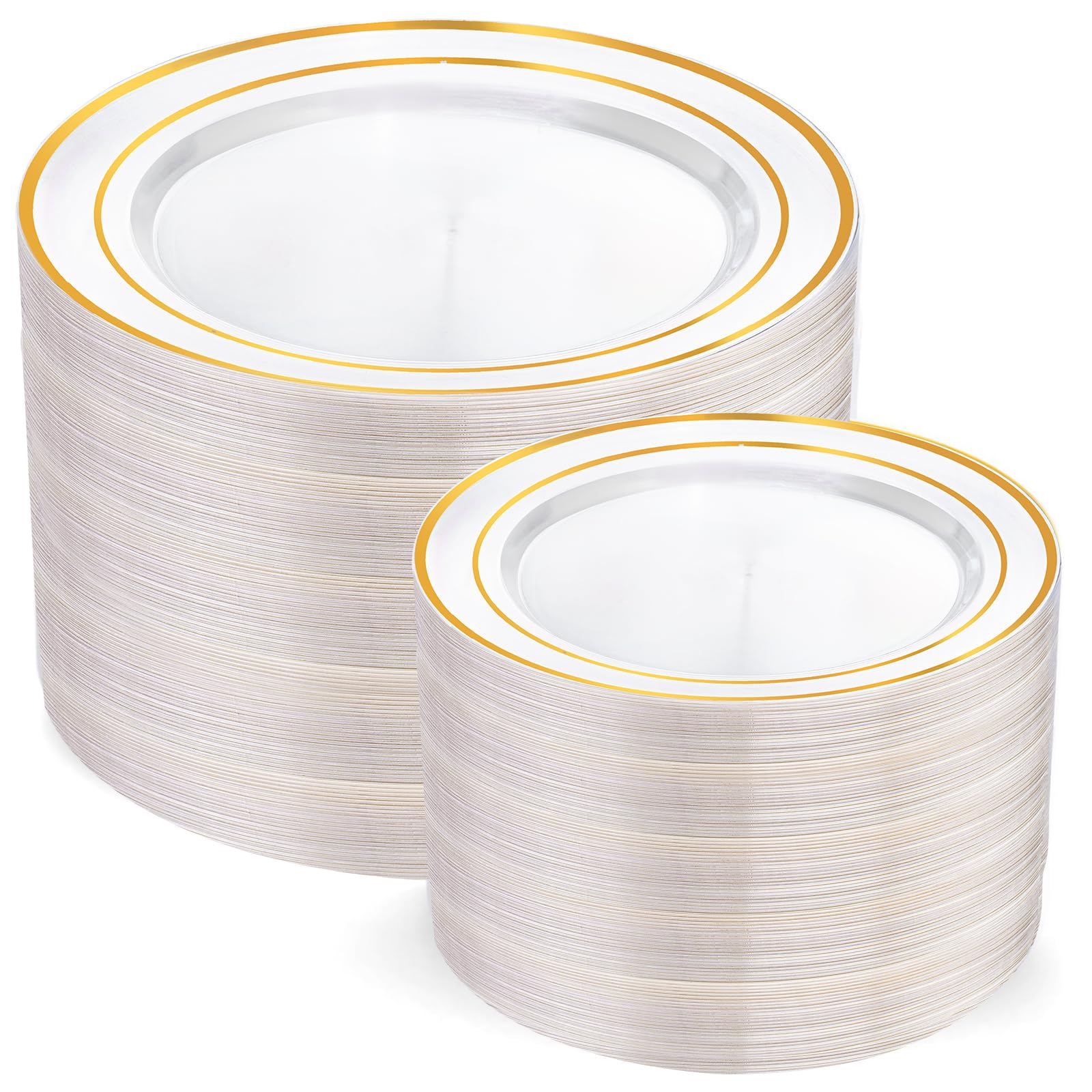 I00000 102 Pieces Gold Plastic Plates, Disposable Party Plates White Gold Rim, 51 Disposable Gold Dinner Plates 10.25 Inch and 51 Disposable Dessert Appetizer Elegant Fancy Wedding Plates 7.5 Inch